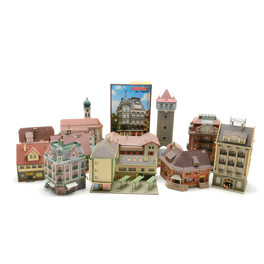 Collection of Miniature Railroad N Scale Layout Buildings including a Bank
