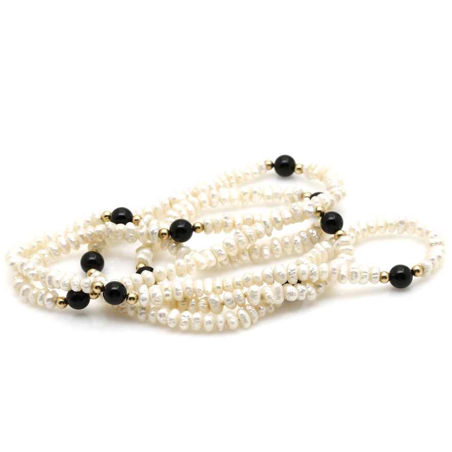 Beaded Cultured Pearl and Black Onyx Necklace With 14K Yellow Gold Beads