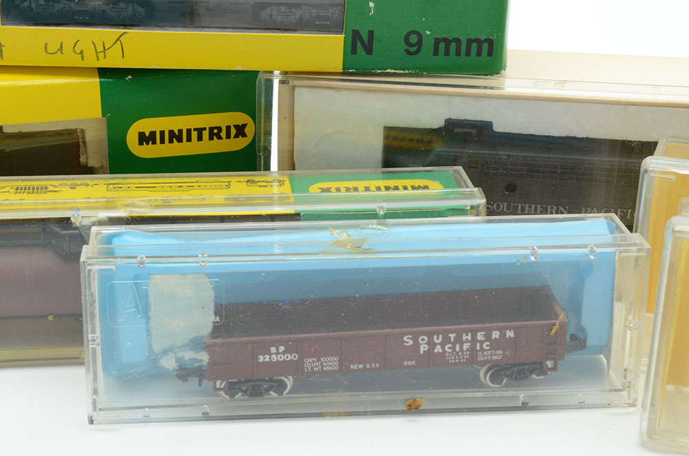 Collection of N Gauge Model Train Cars for the Southern Pacific Railroad