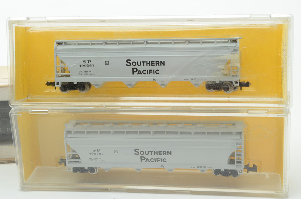 Collection of N Gauge Model Train Cars for the Southern Pacific Railroad