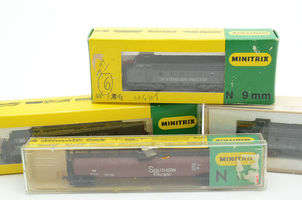 Collection of N Gauge Model Train Cars for the Southern Pacific Railroad