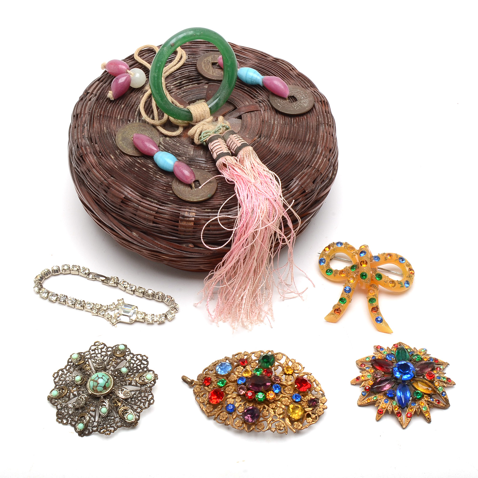 Vintage Chinese Sewing Basket with Rhinestone Costume Jewelry
