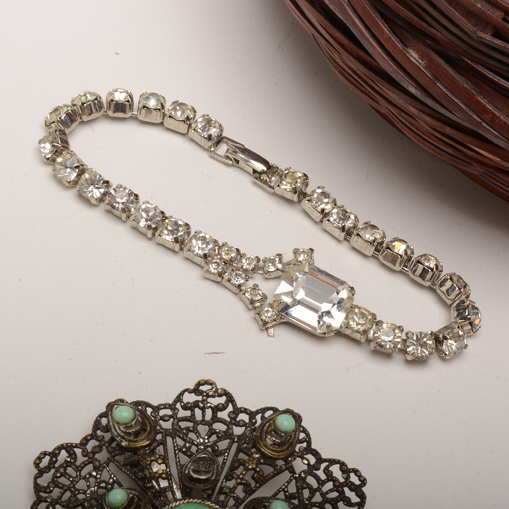 Vintage Chinese Sewing Basket with Rhinestone Costume Jewelry