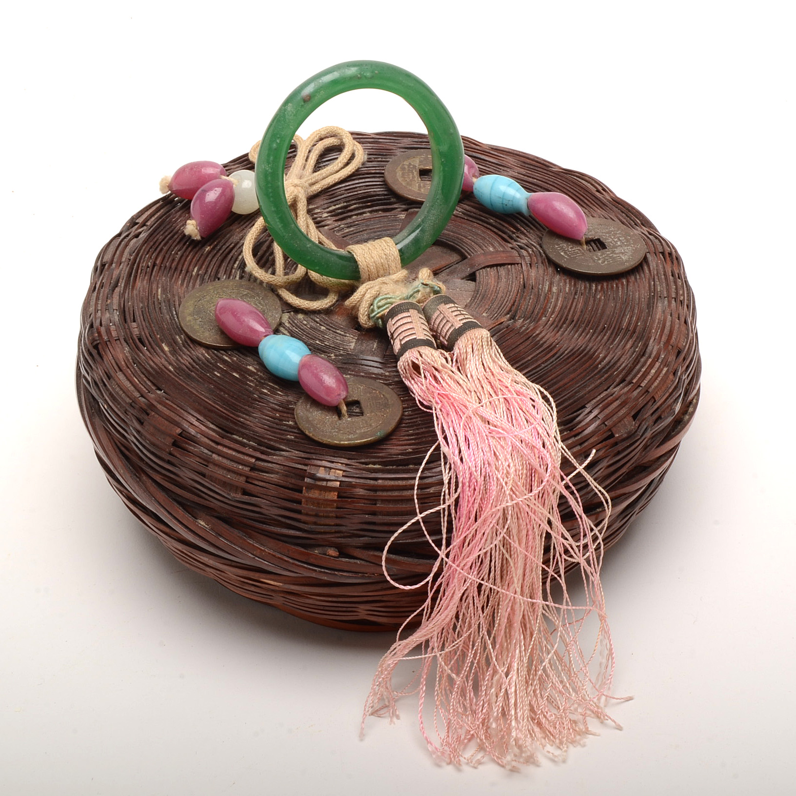 Vintage Chinese Sewing Basket with Rhinestone Costume Jewelry