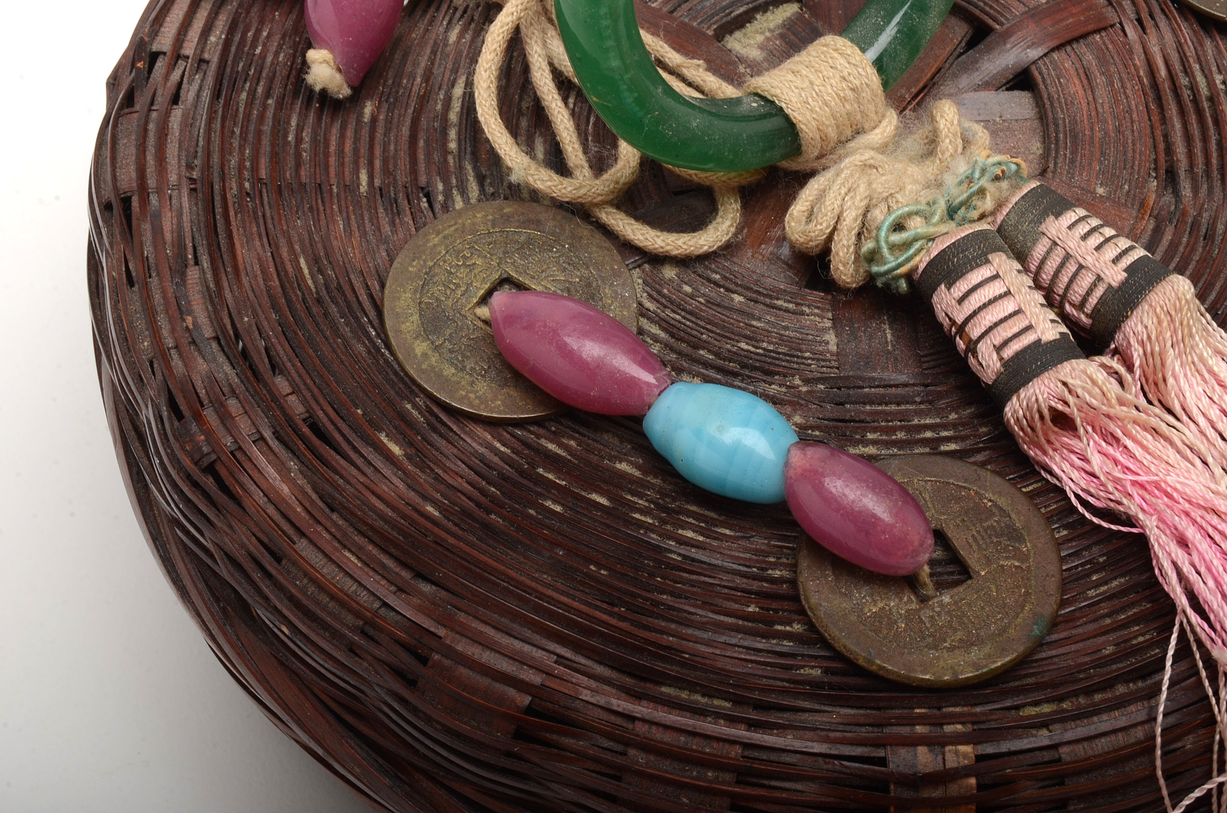 Vintage Chinese Sewing Basket with Rhinestone Costume Jewelry