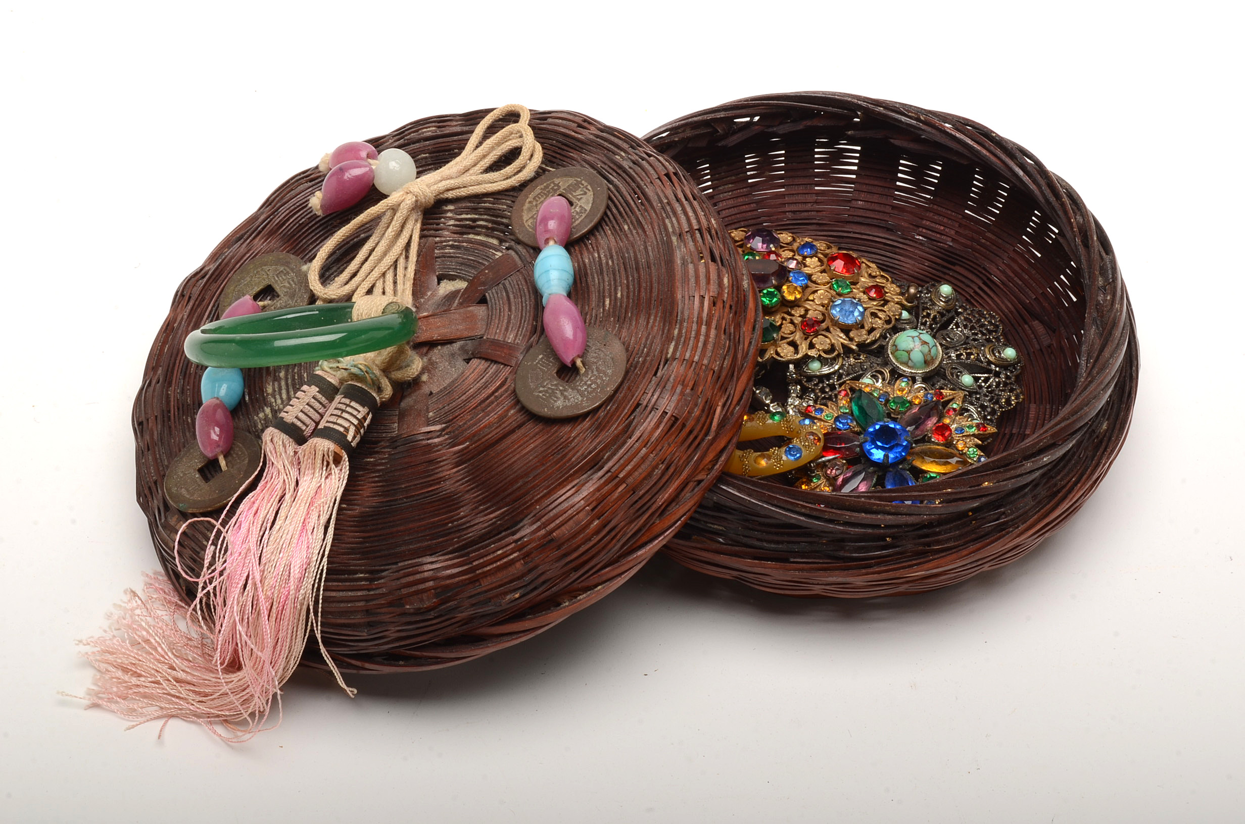 Vintage Chinese Sewing Basket with Rhinestone Costume Jewelry