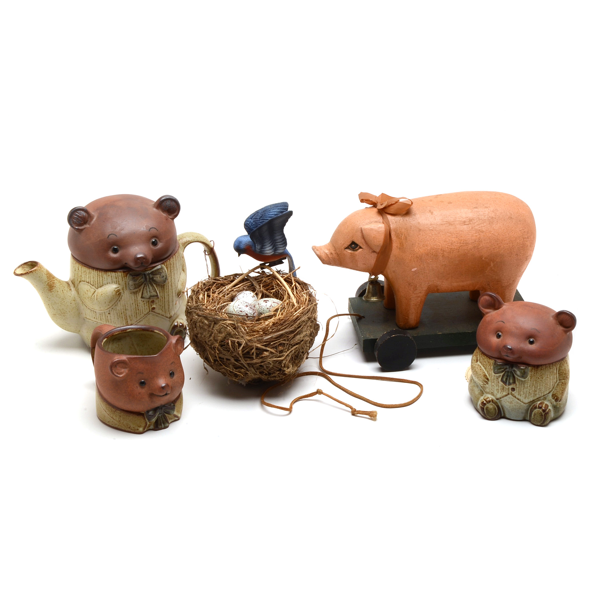 Hanni Bear Tea Set, Figural Pull Toy and Nest