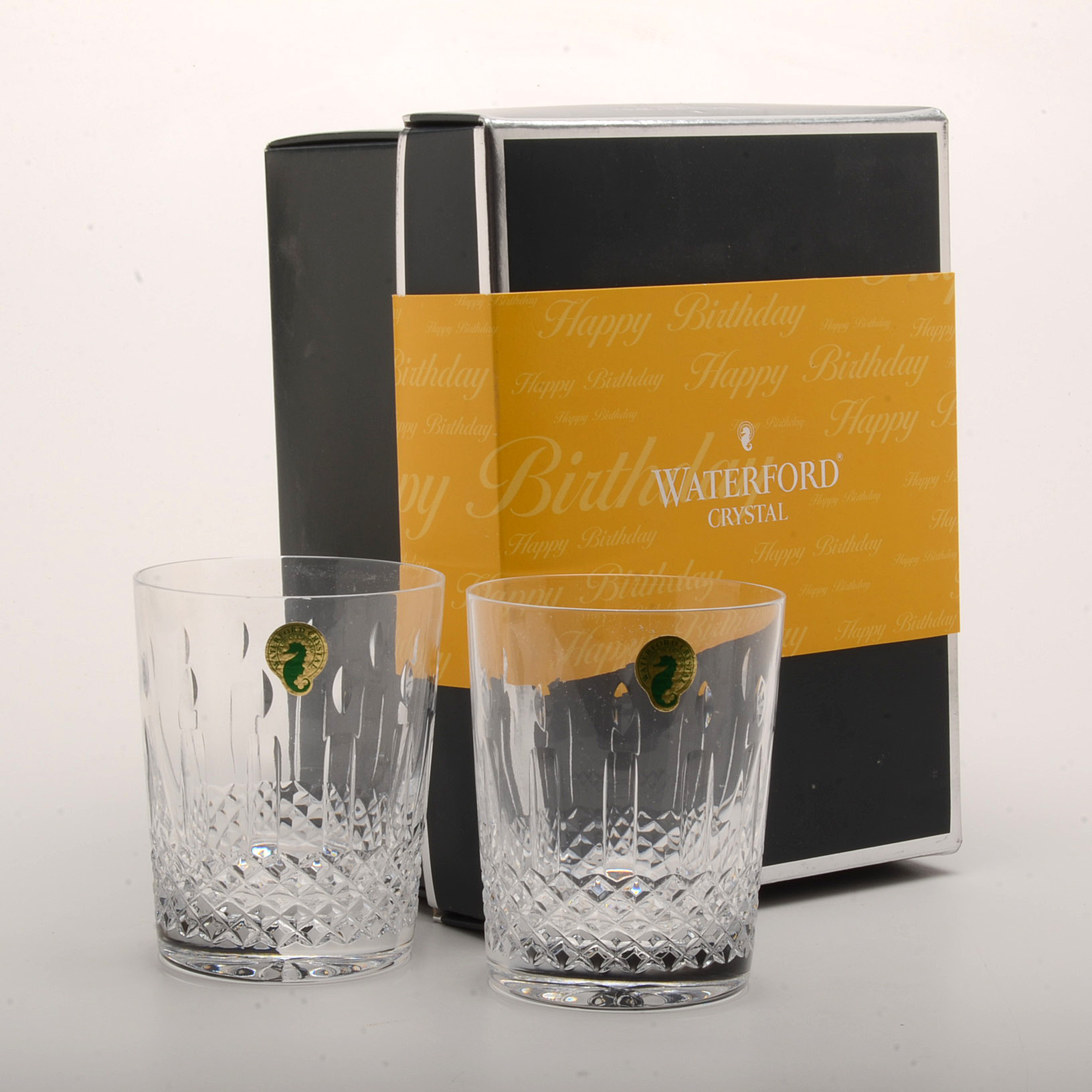 Waterford Crystal "Happy Birthday" Double Old Fashioned Glasses