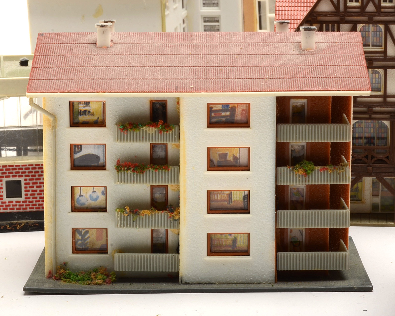 Collection of Miniature Railroad N Scale Layout Buildings including Apartment Buildings