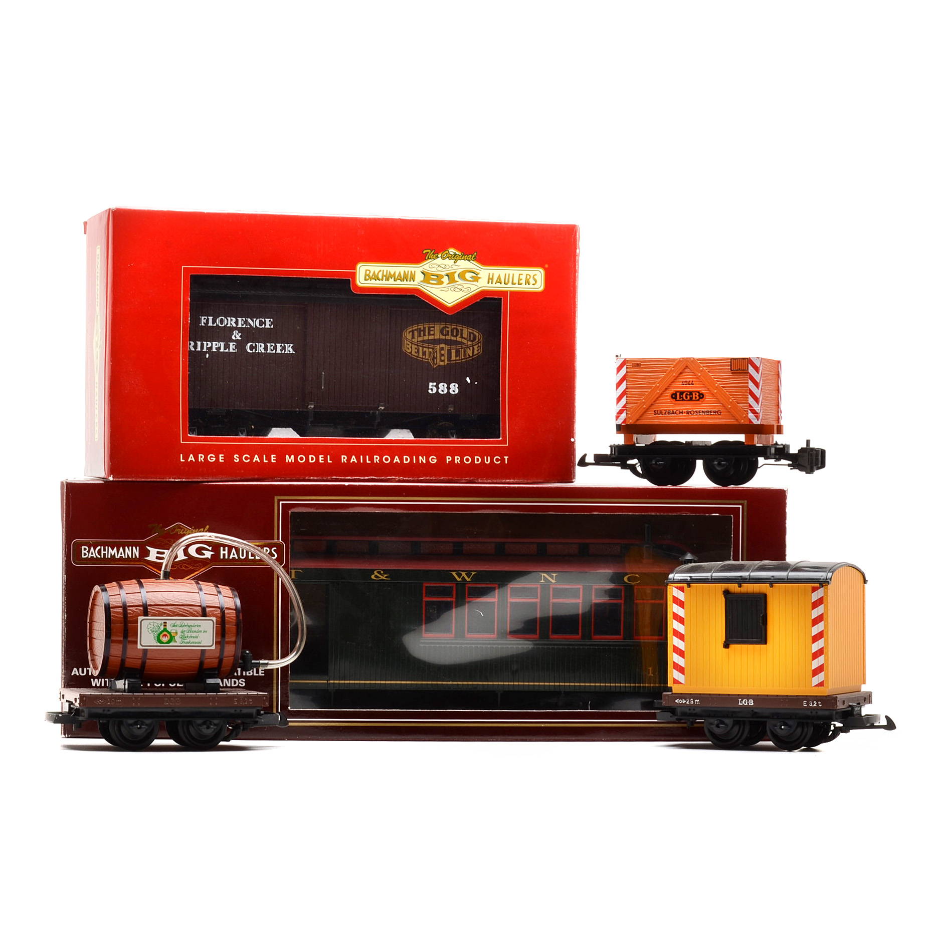 Collection of Garden Scale Train Cars with Boxes