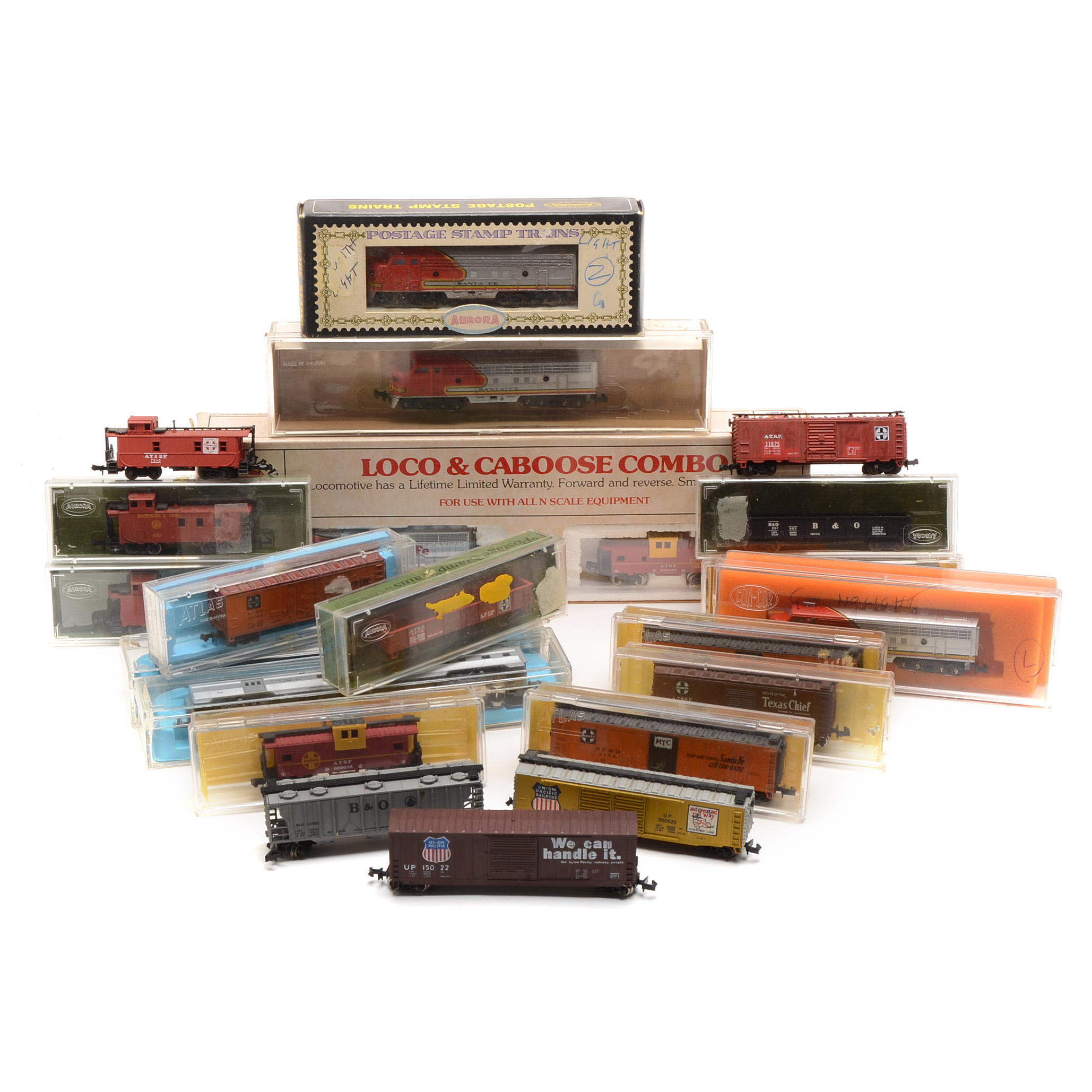 Collection of N Gauge Model Train Cars for the Santa Fe Baltimore & Ohio and Union Pacific Railroad