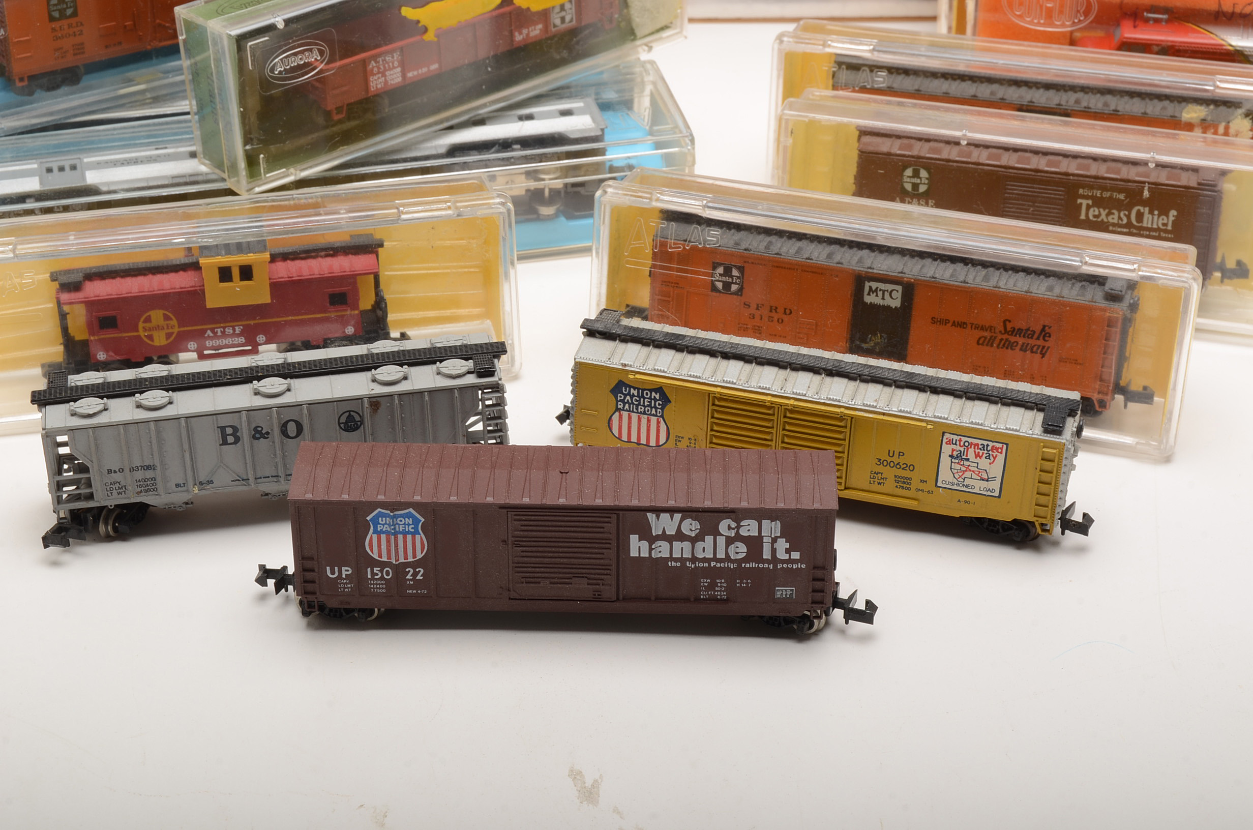 Collection of N Gauge Model Train Cars for the Santa Fe Baltimore & Ohio and Union Pacific Railroad