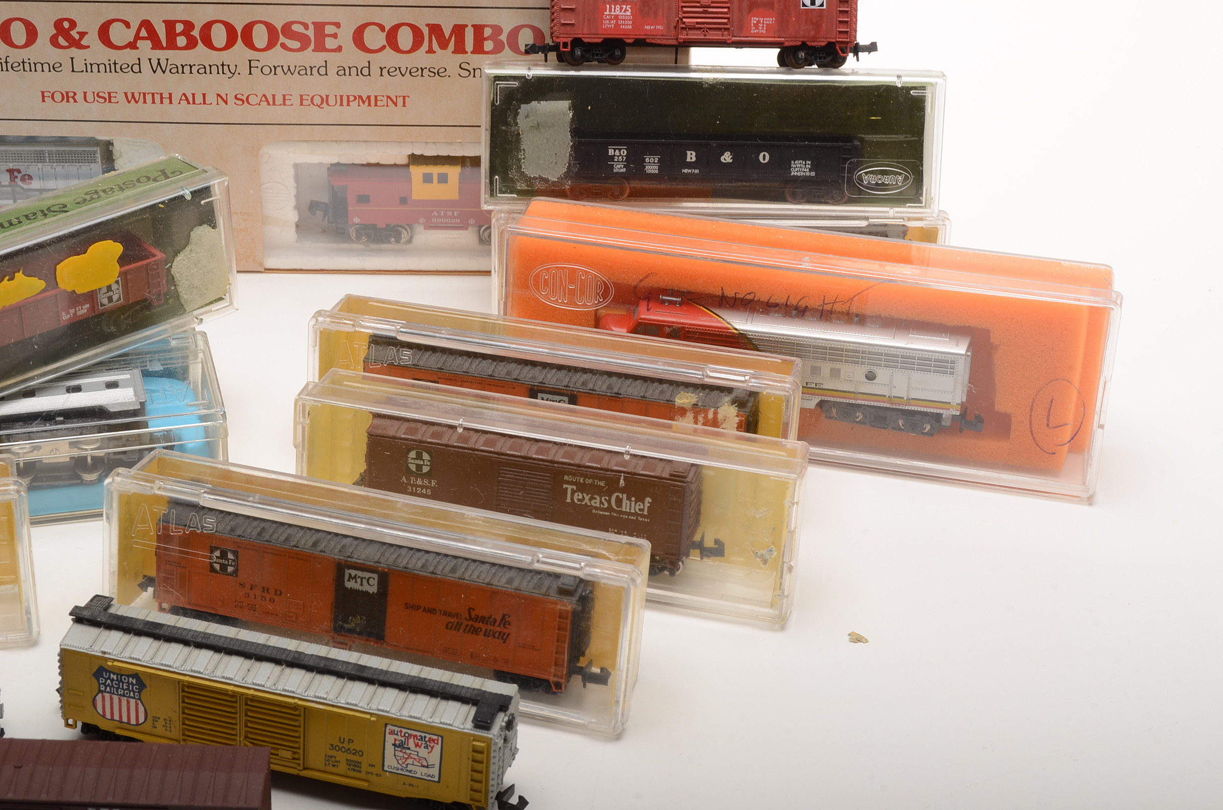 Collection of N Gauge Model Train Cars for the Santa Fe Baltimore & Ohio and Union Pacific Railroad