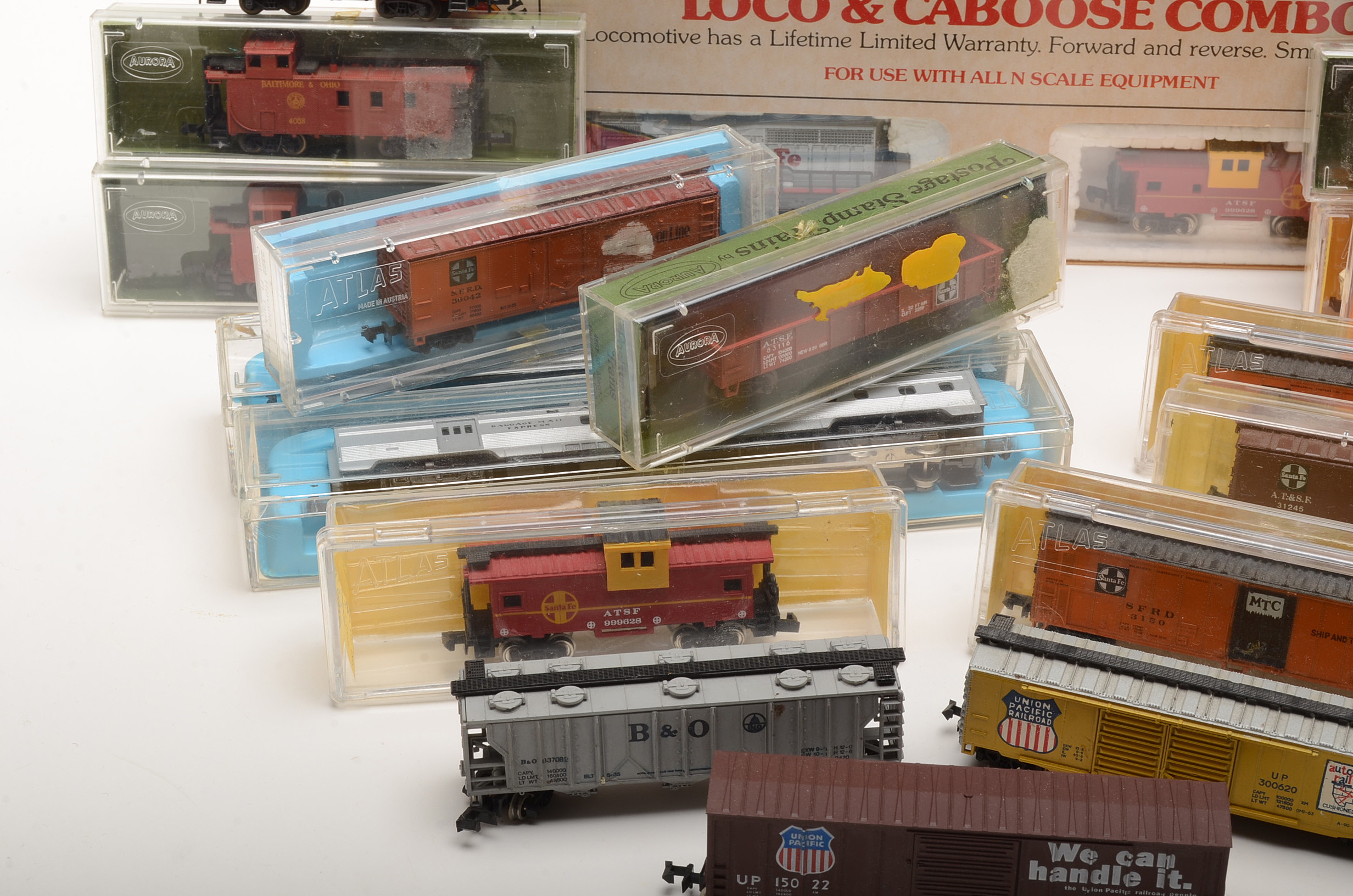 Collection of N Gauge Model Train Cars for the Santa Fe Baltimore & Ohio and Union Pacific Railroad