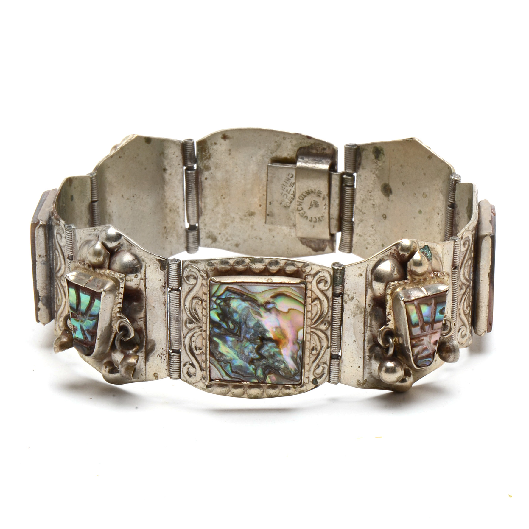 Taxco Mexico Sterling Silver and Abalone Warrior Mask Bracelet
