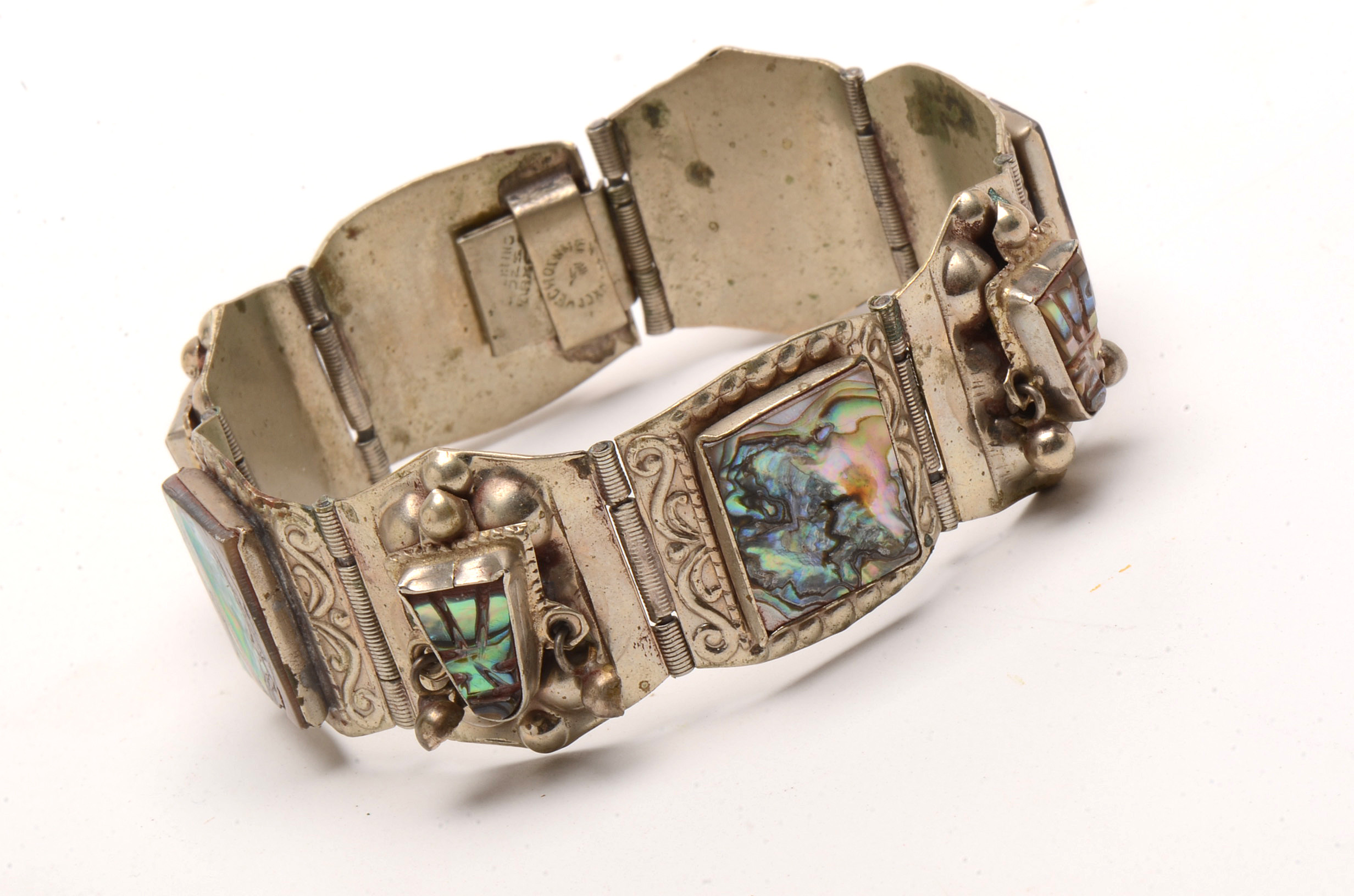 Taxco Mexico Sterling Silver and Abalone Warrior Mask Bracelet