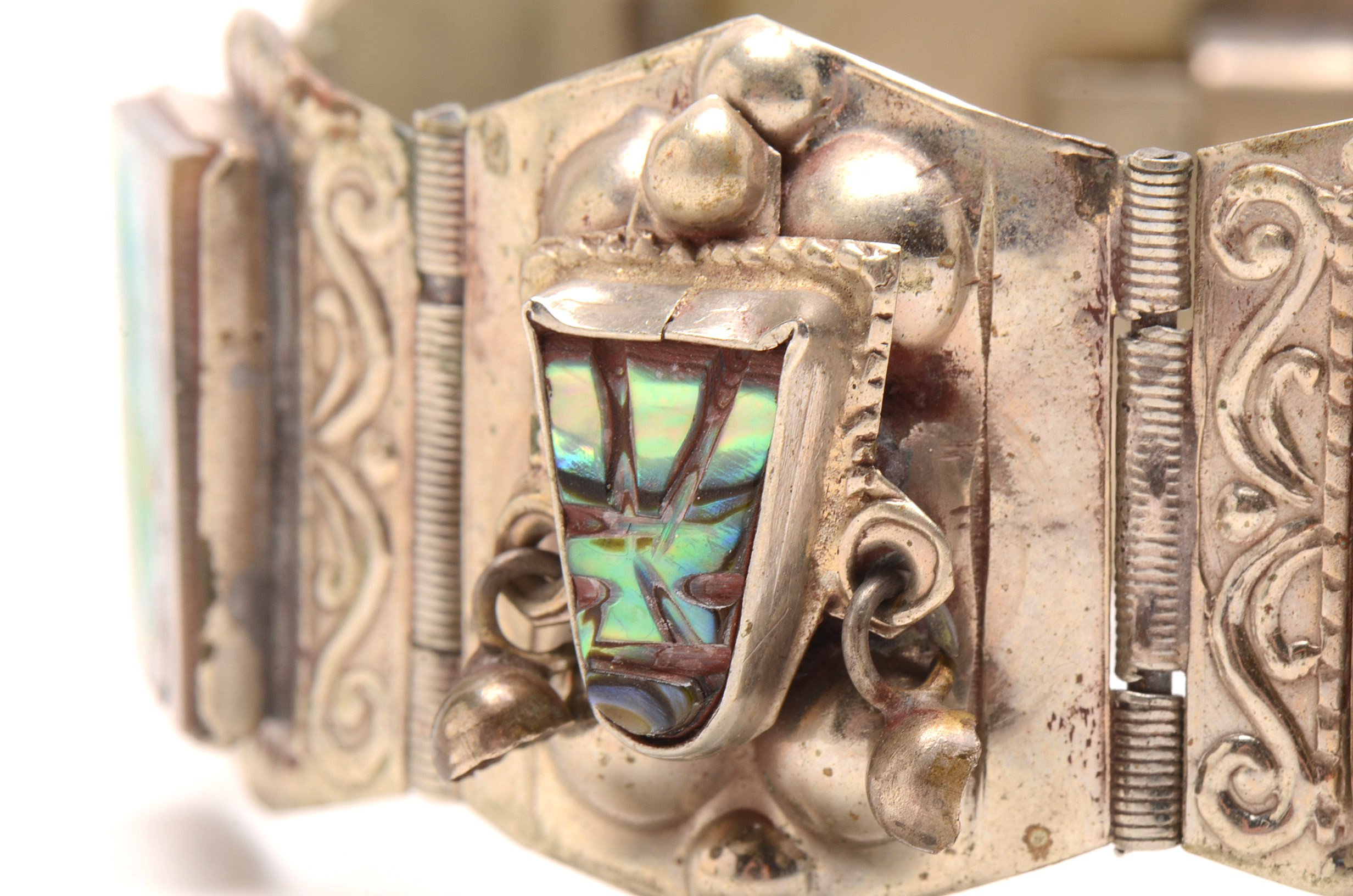 Taxco Mexico Sterling Silver and Abalone Warrior Mask Bracelet