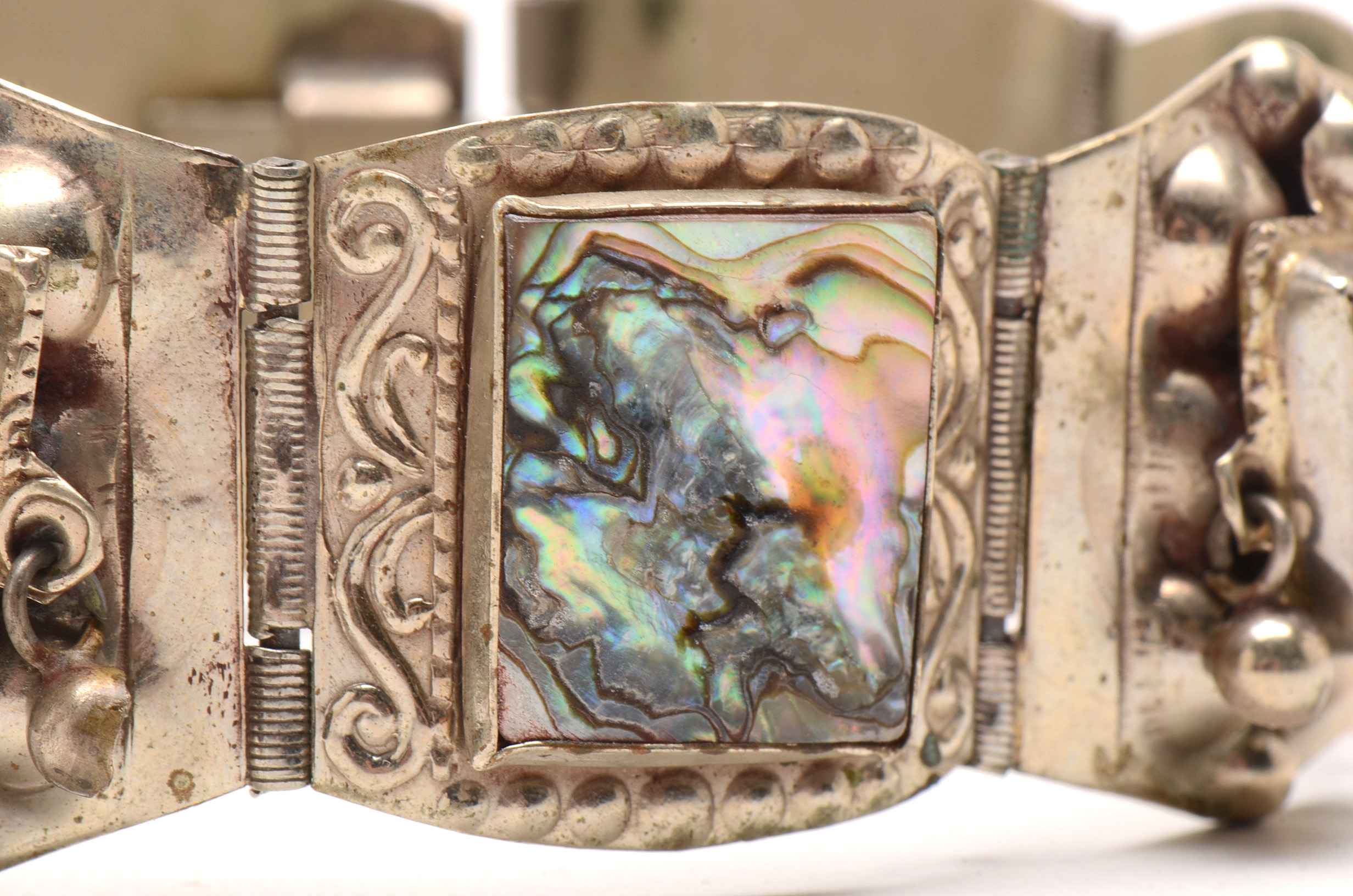Taxco Mexico Sterling Silver and Abalone Warrior Mask Bracelet