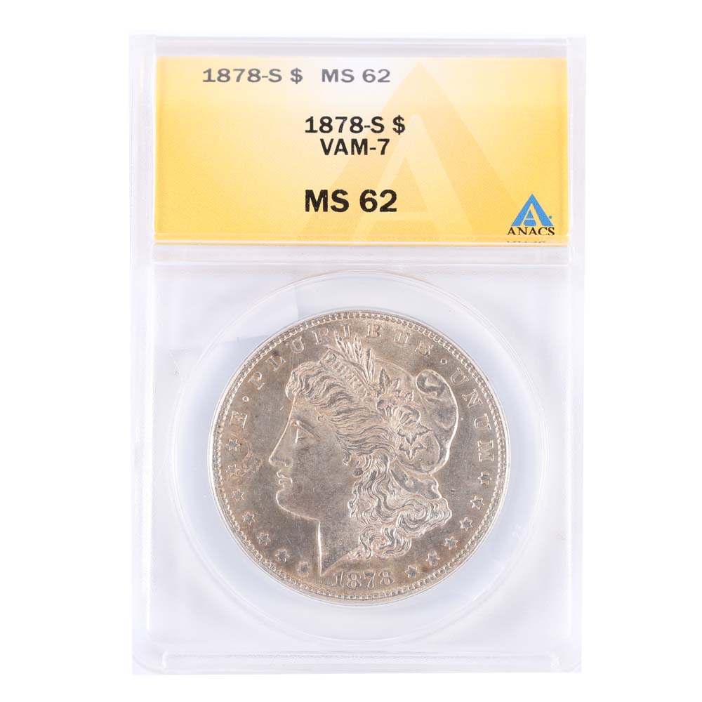 MS 62 Graded (by ANACS) 1878-S Morgan Silver Dollar