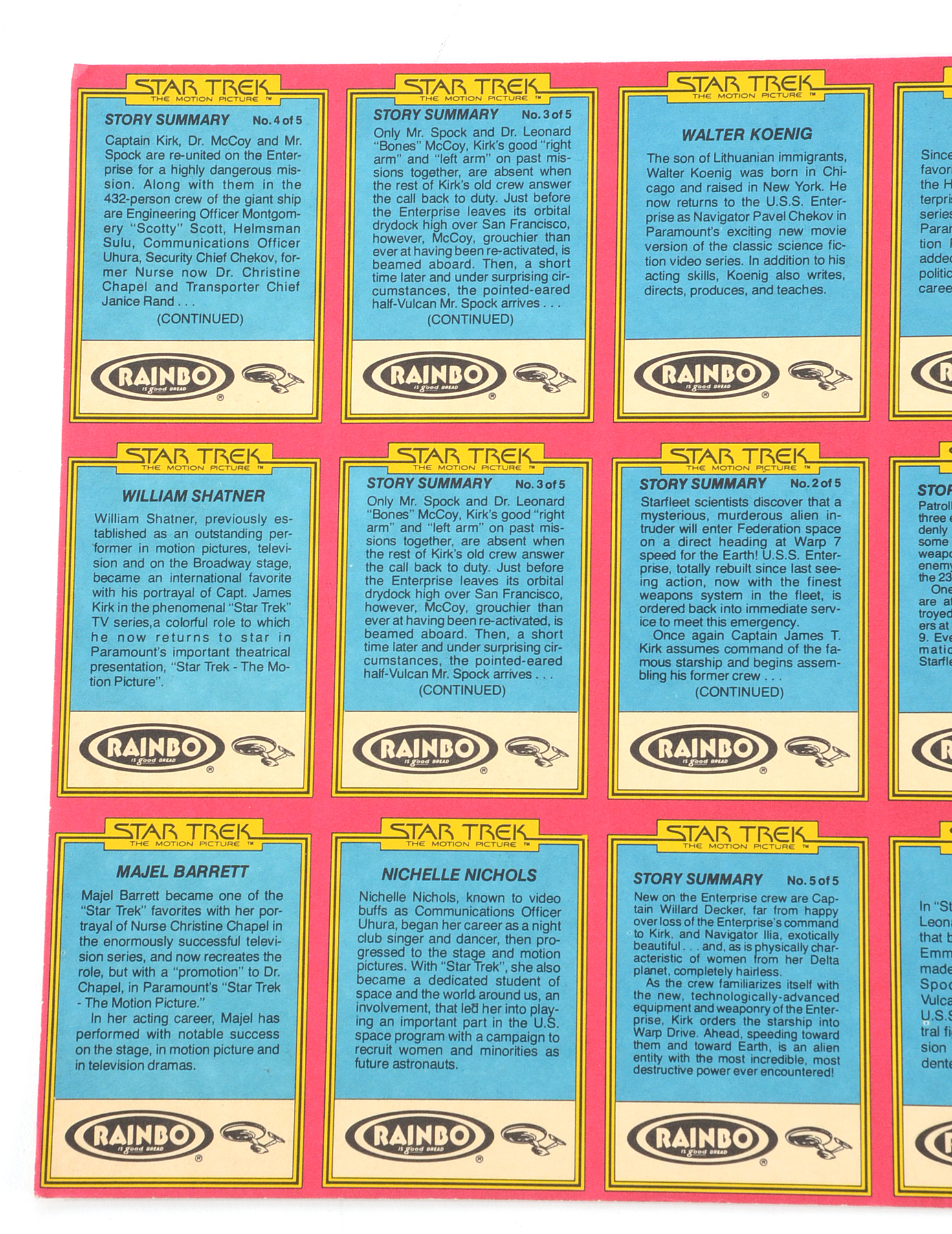 Uncut 1979 “Star Trek The Motion Picture” Trading Card Sheet