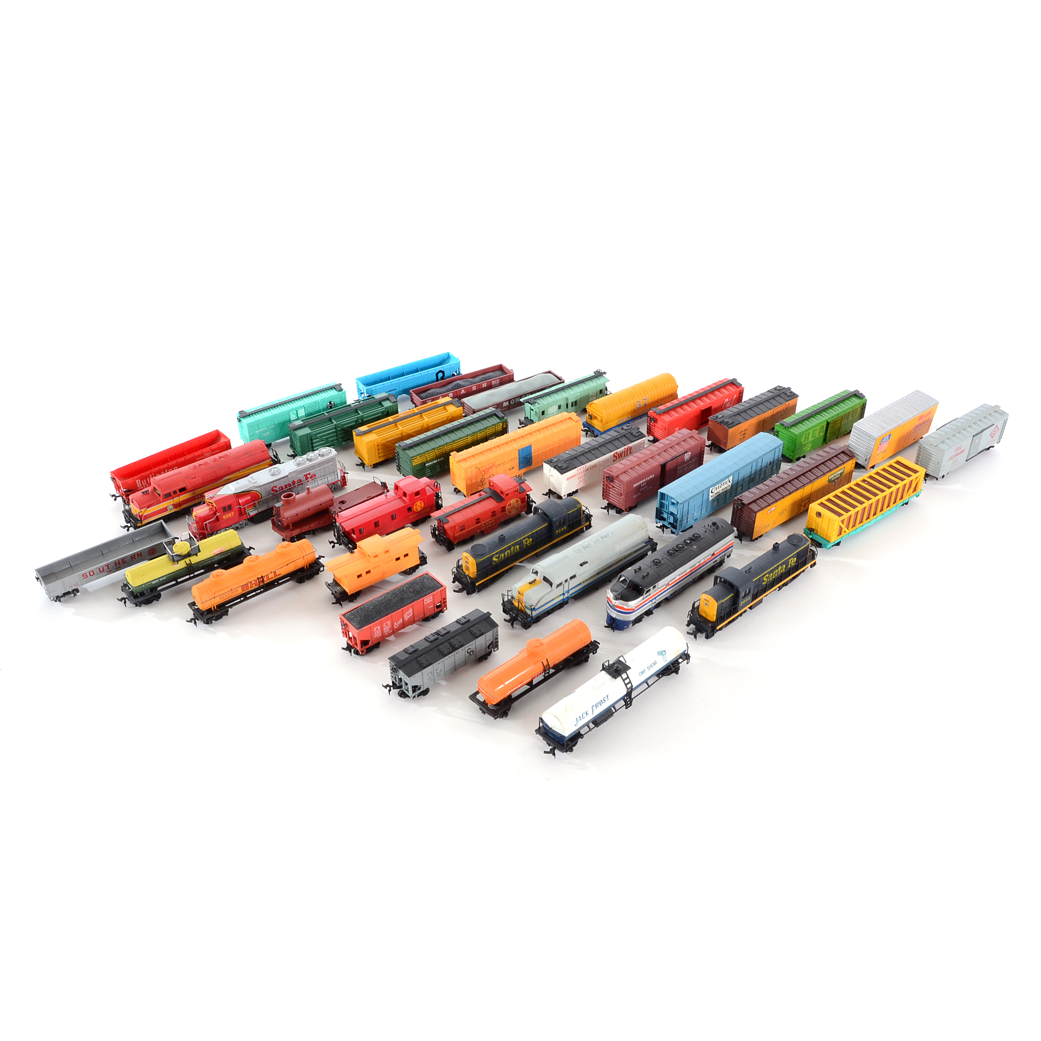 Assortment of HO Scale Diesel Locomotives  and Train Cars