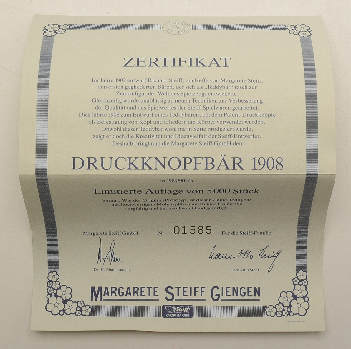 Steiff Limited Edition Replica of the 1908 "Snap A Part Bear"