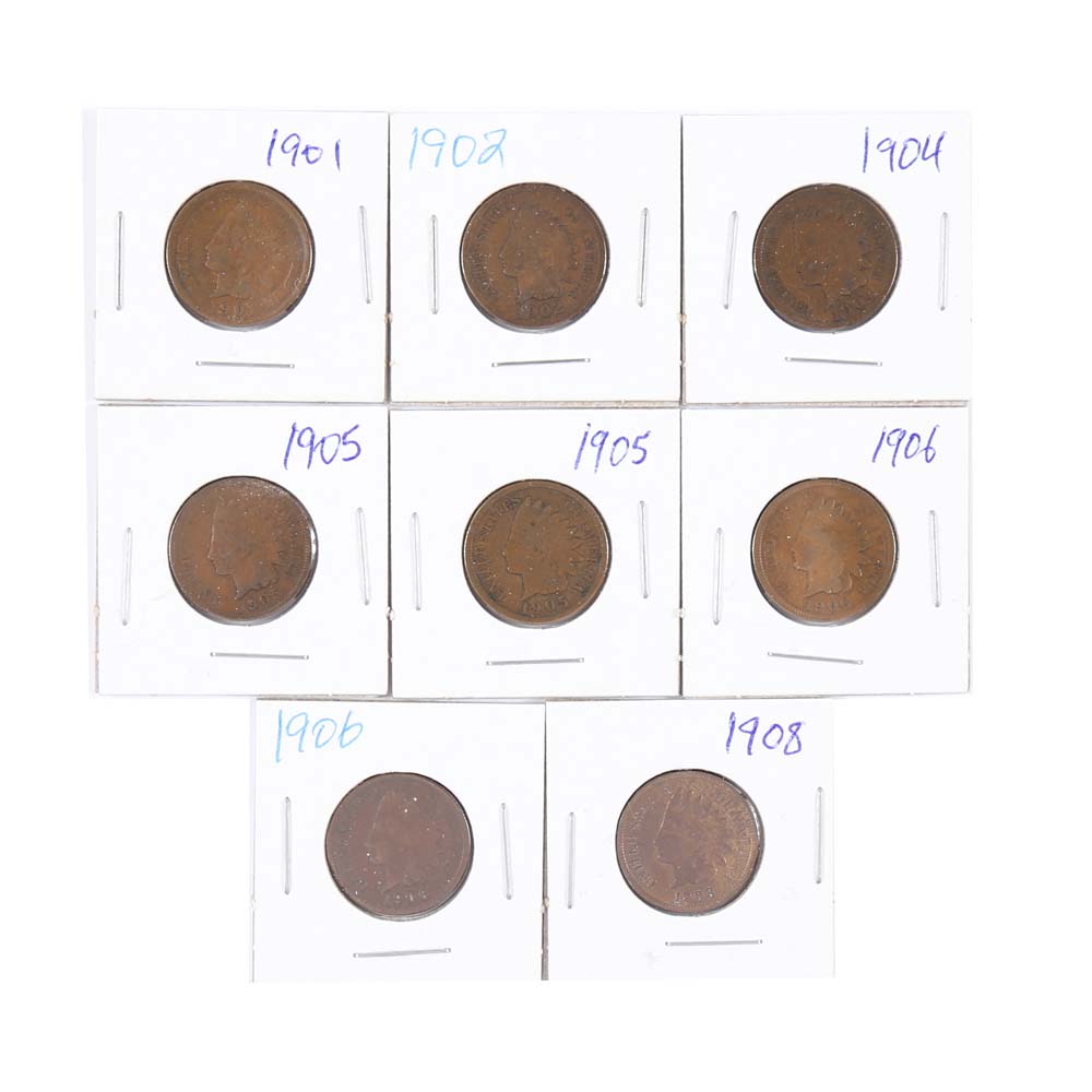 Eight 1901-1908 Indian Head Cents