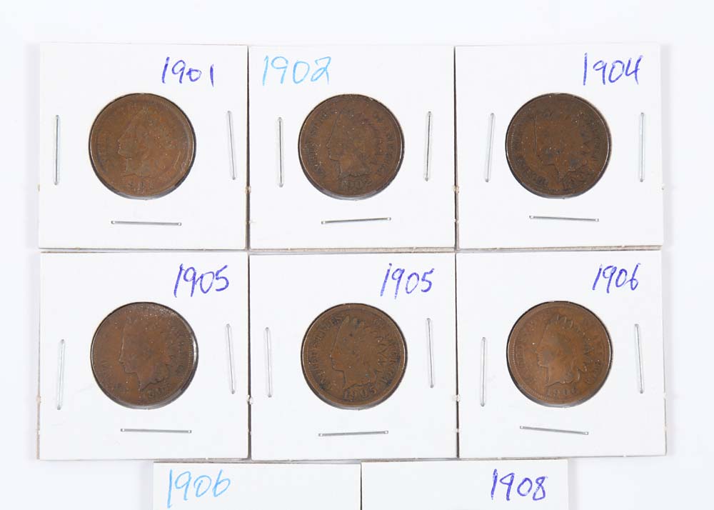 Eight 1901-1908 Indian Head Cents