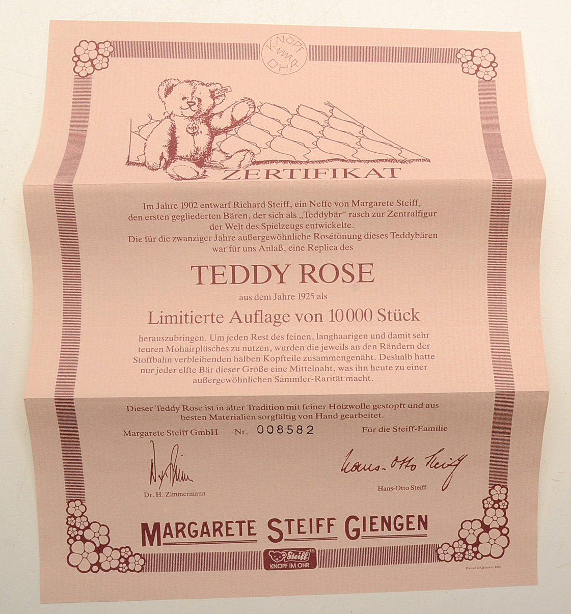 Steiff Official Replica of the 1925 Teddy Rose Bear