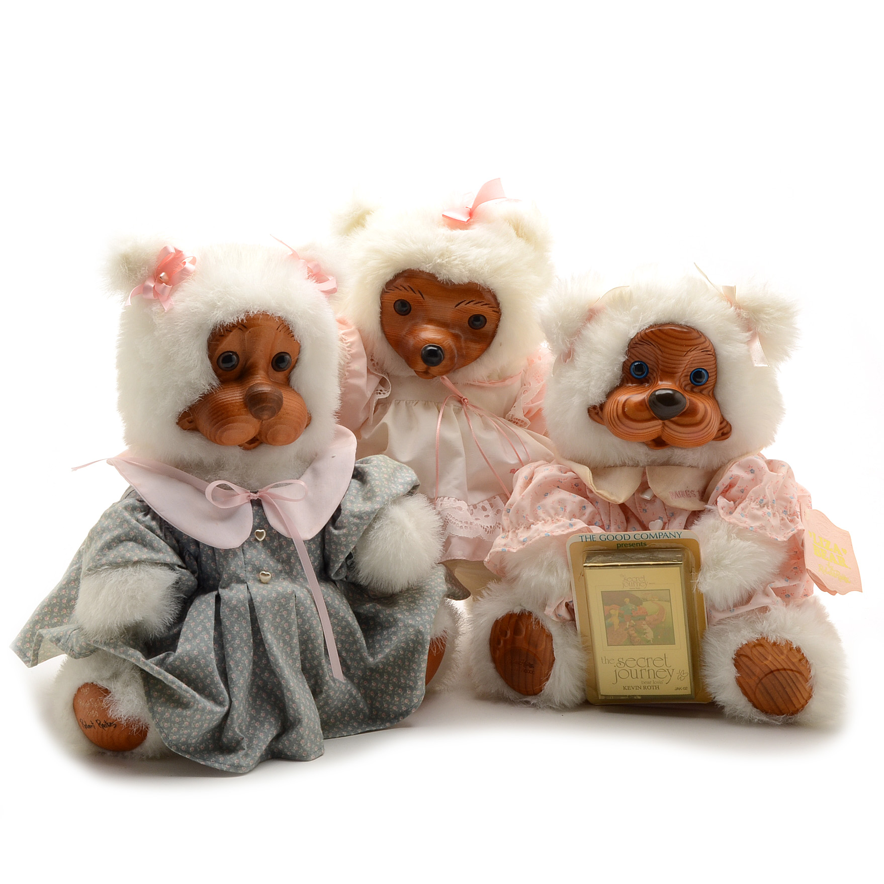 Collection of Three Robert Raikes White Plush Wooden Faced Bears