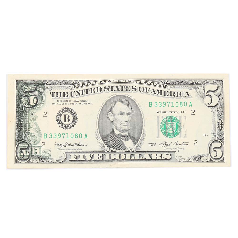 Offset Printing Error $5 Federal Reserve Note
