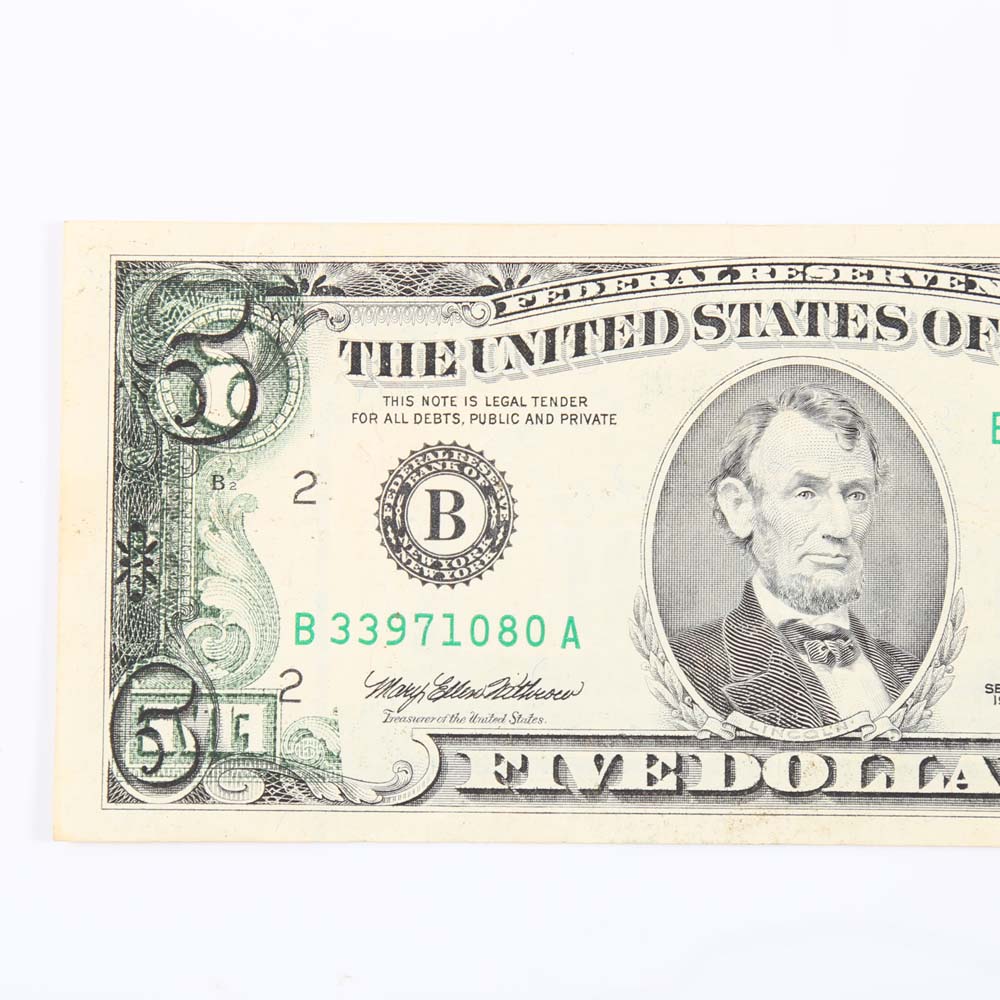 Offset Printing Error $5 Federal Reserve Note