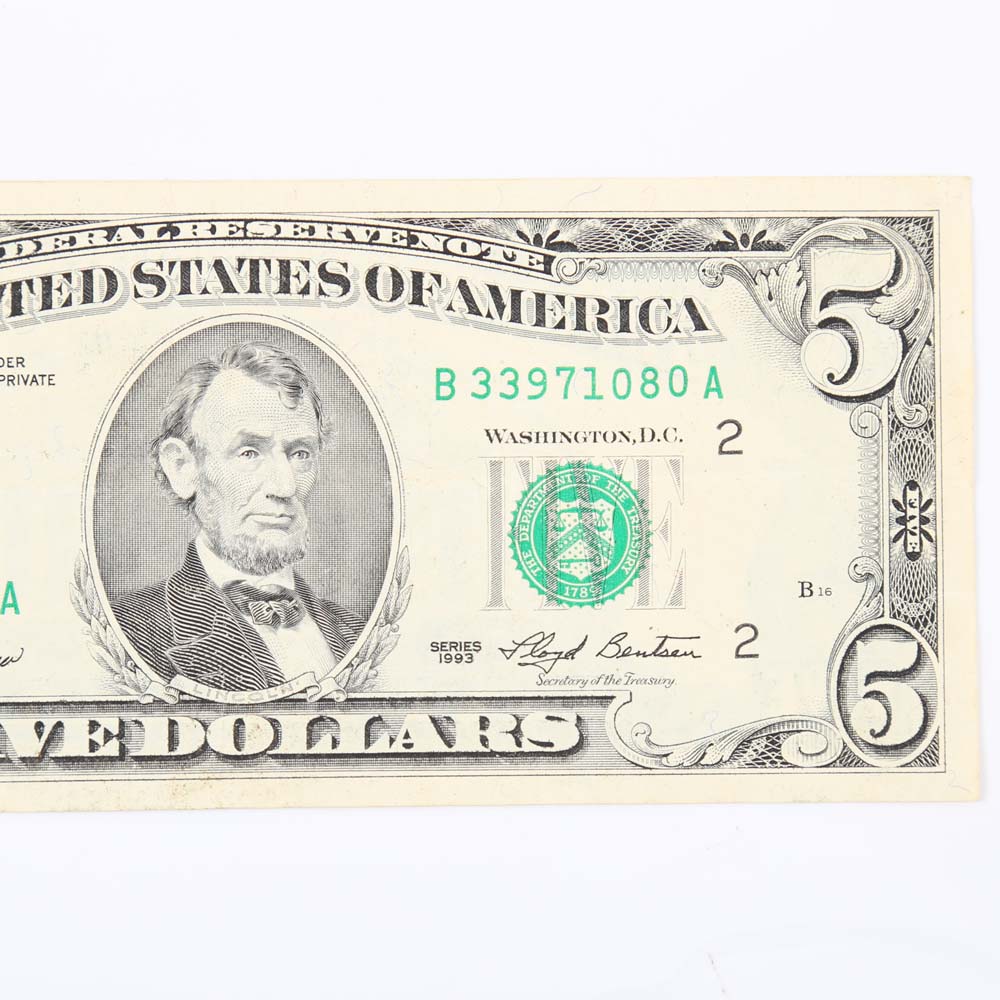 Offset Printing Error $5 Federal Reserve Note