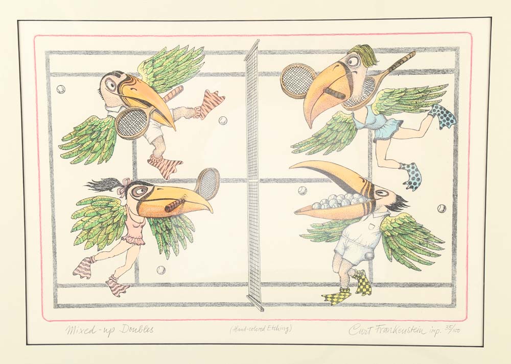 Curt Frankenstein Hand Colored Etching "Mixed-Up Doubles"