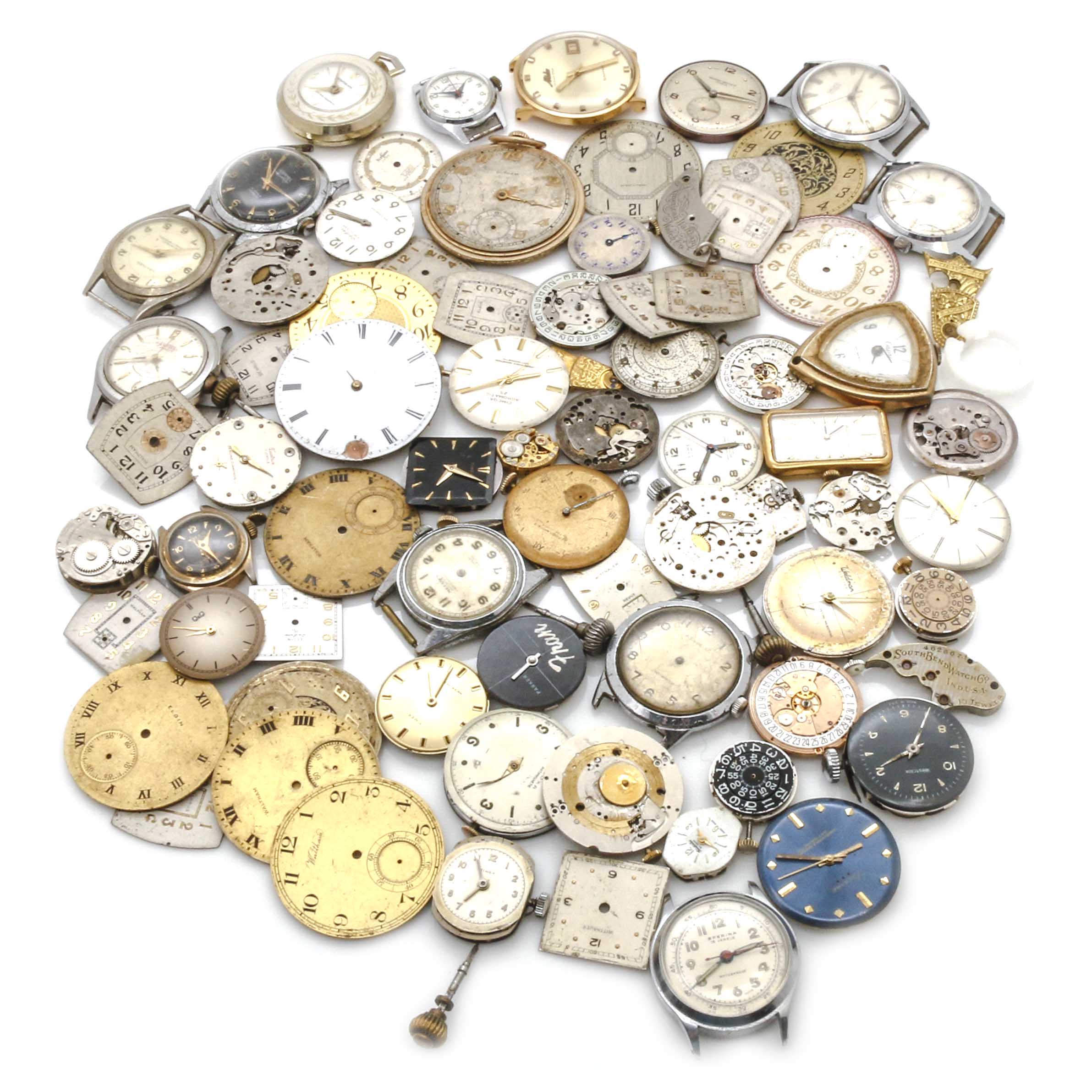 Assortment of Watch Movements, Dials, Cases, and Parts