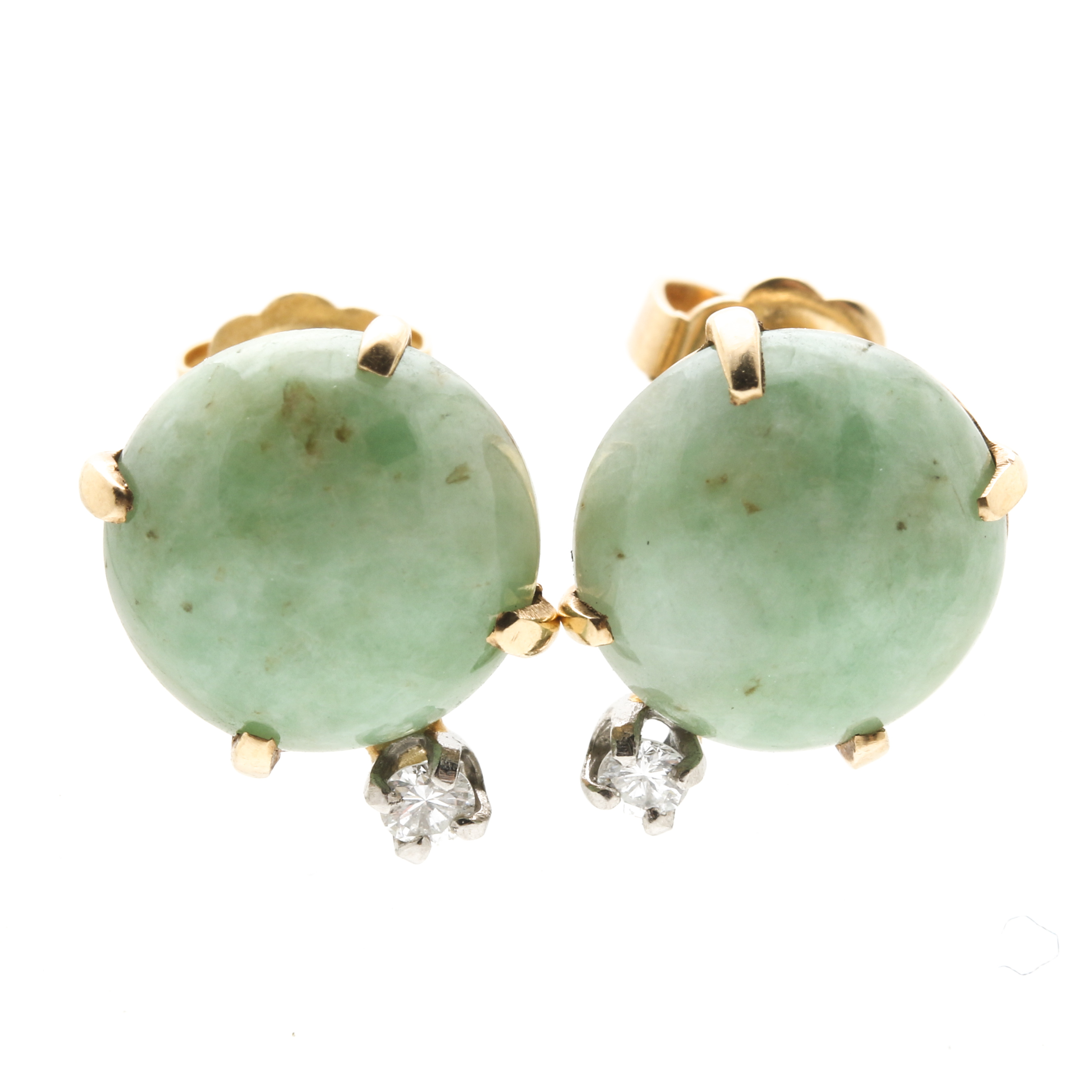 14K Yellow Gold Jadeite and Diamond Stud Earrings