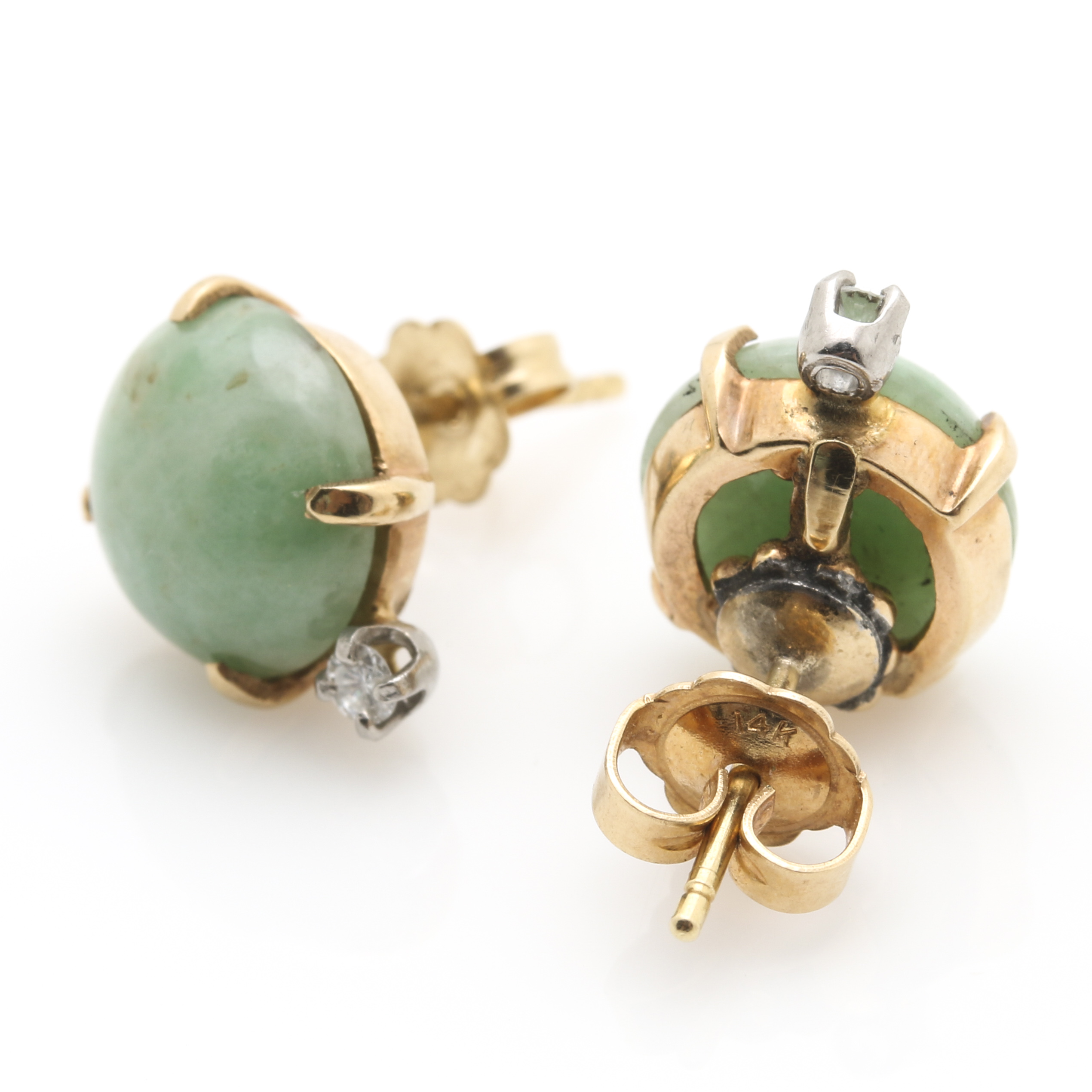 14K Yellow Gold Jadeite and Diamond Stud Earrings