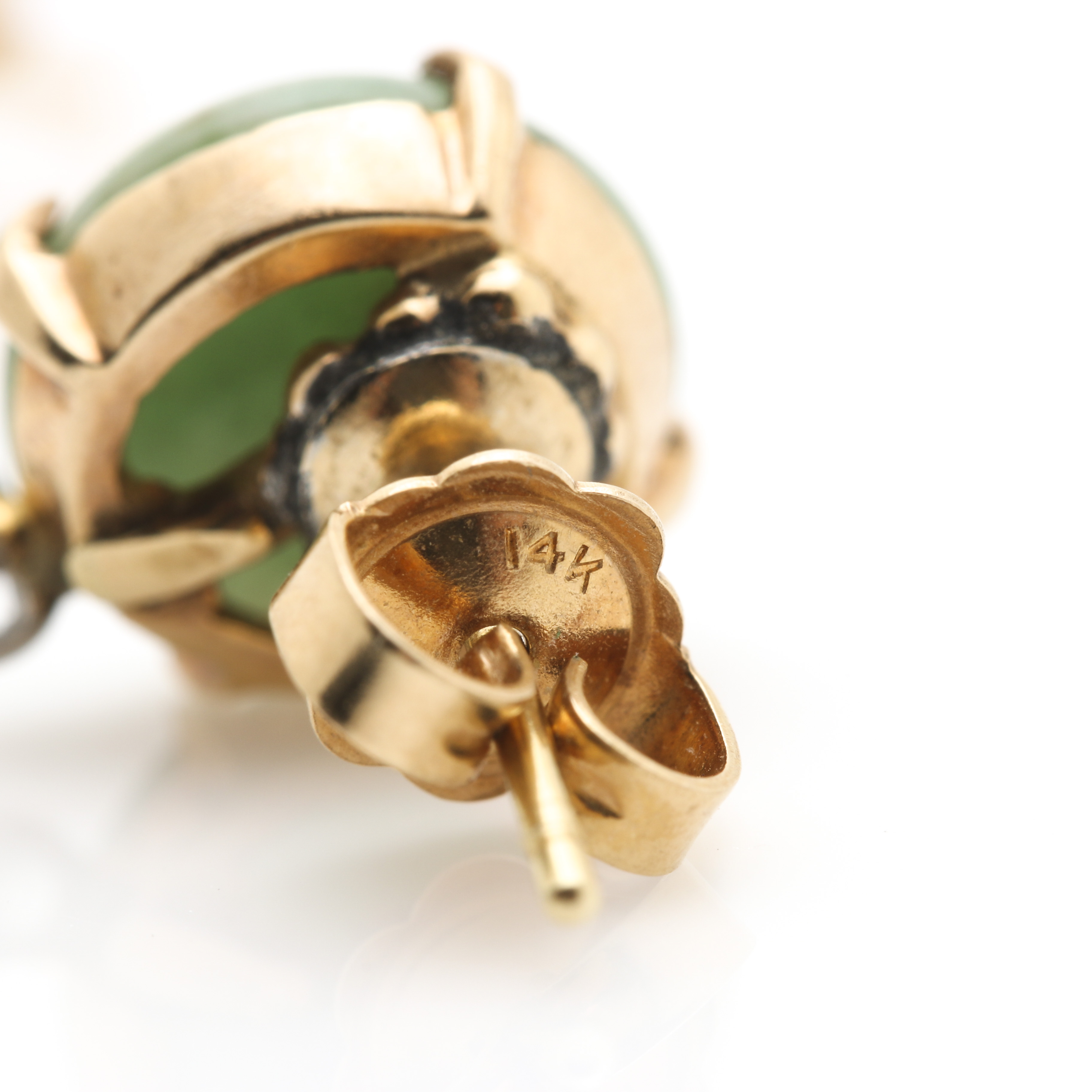 14K Yellow Gold Jadeite and Diamond Stud Earrings