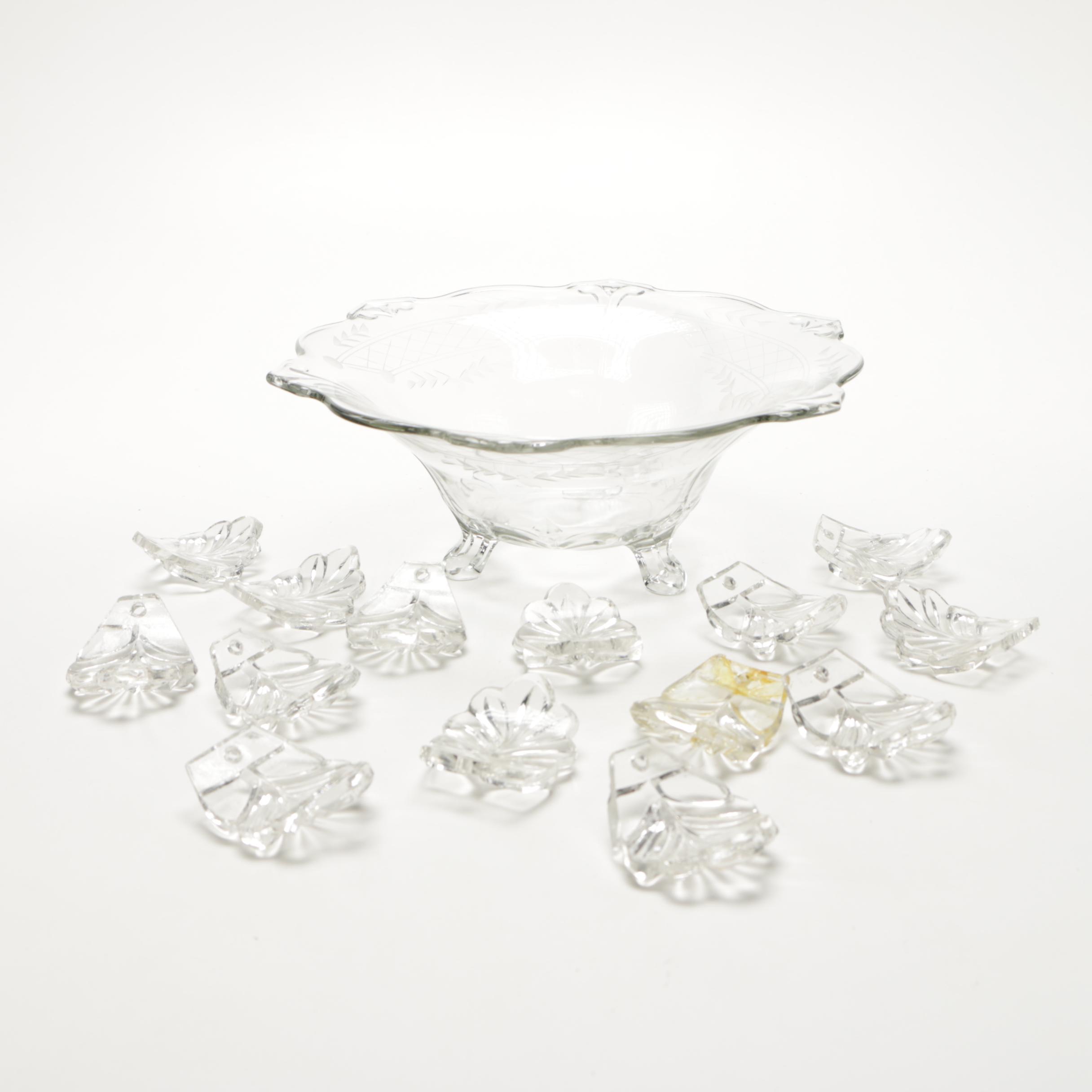Glass Punch Bowl and Glass Leaf Pendants