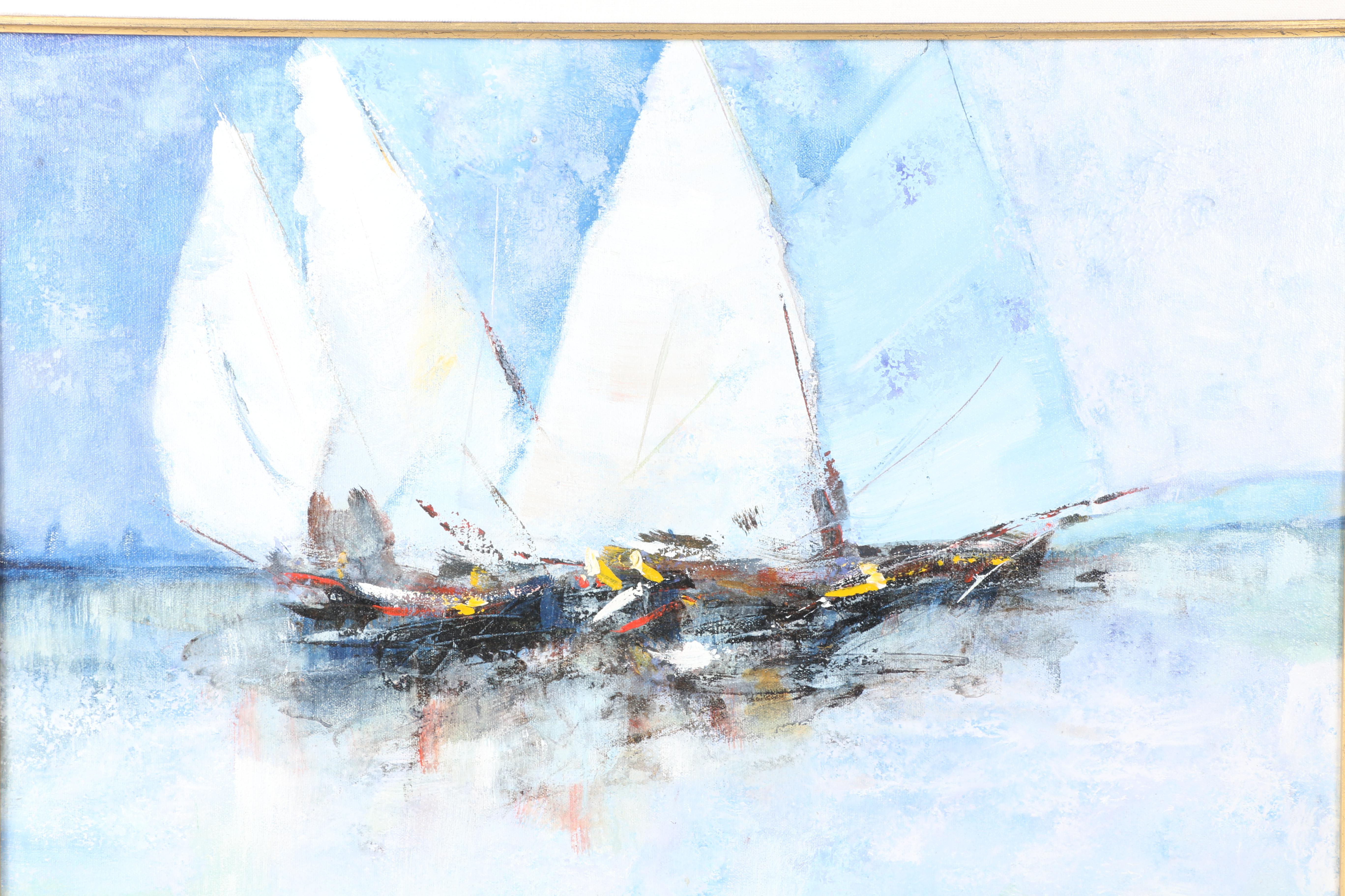 Gaetano Lanata Oil on Canvas Maritime Landscape "Sailboats"