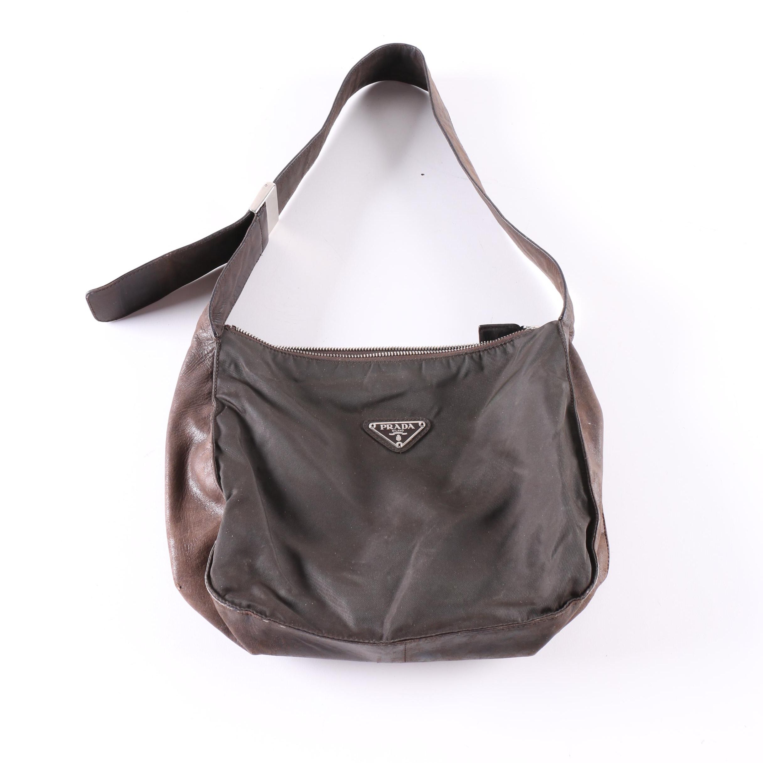 Prada Brown Nylon and Leather Shoulder Bag