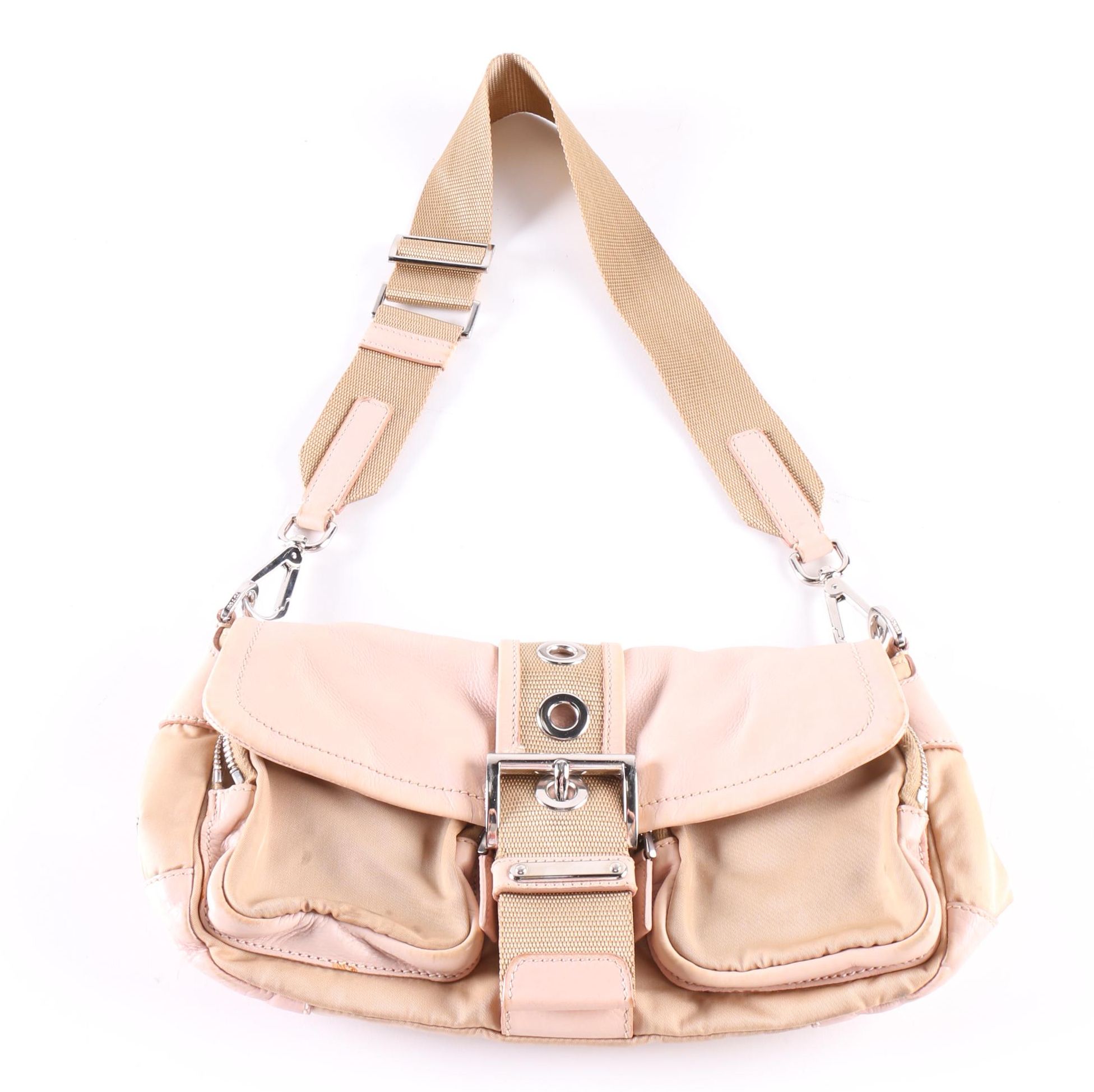 Prada Pink and Tan Nylon and Leather Bag