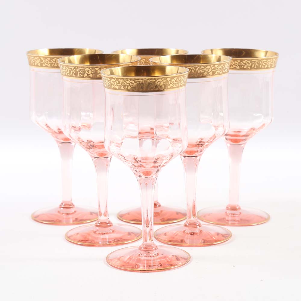 Rose Colored Wine Glasses with Gold Tone Trim