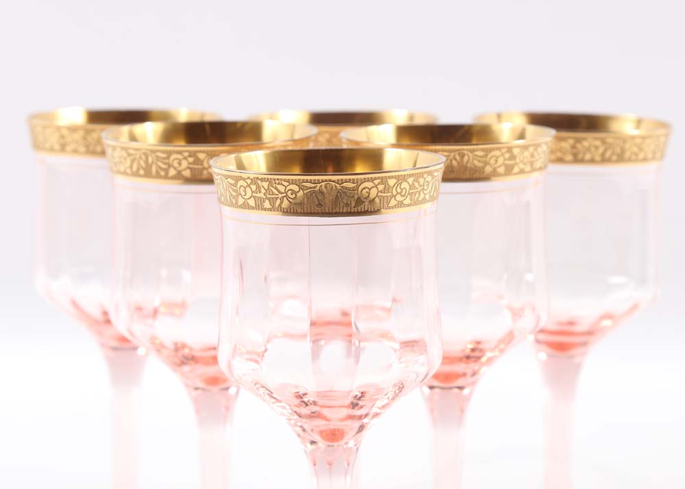 Rose Colored Wine Glasses with Gold Tone Trim