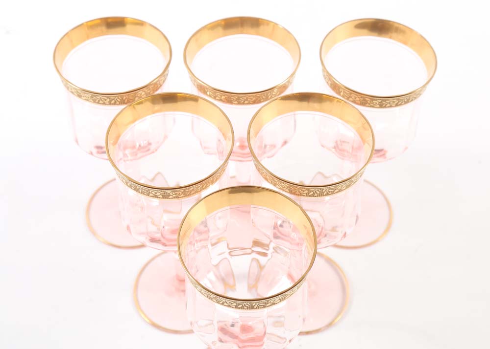 Rose Colored Wine Glasses with Gold Tone Trim