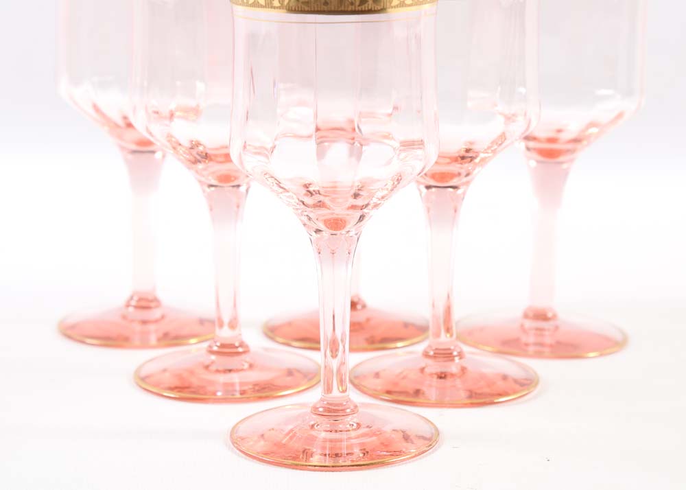 Rose Colored Wine Glasses with Gold Tone Trim