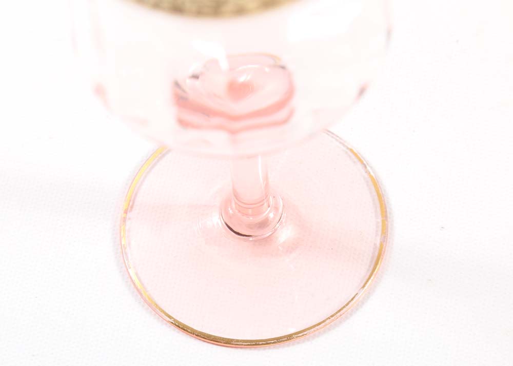 Rose Colored Wine Glasses with Gold Tone Trim