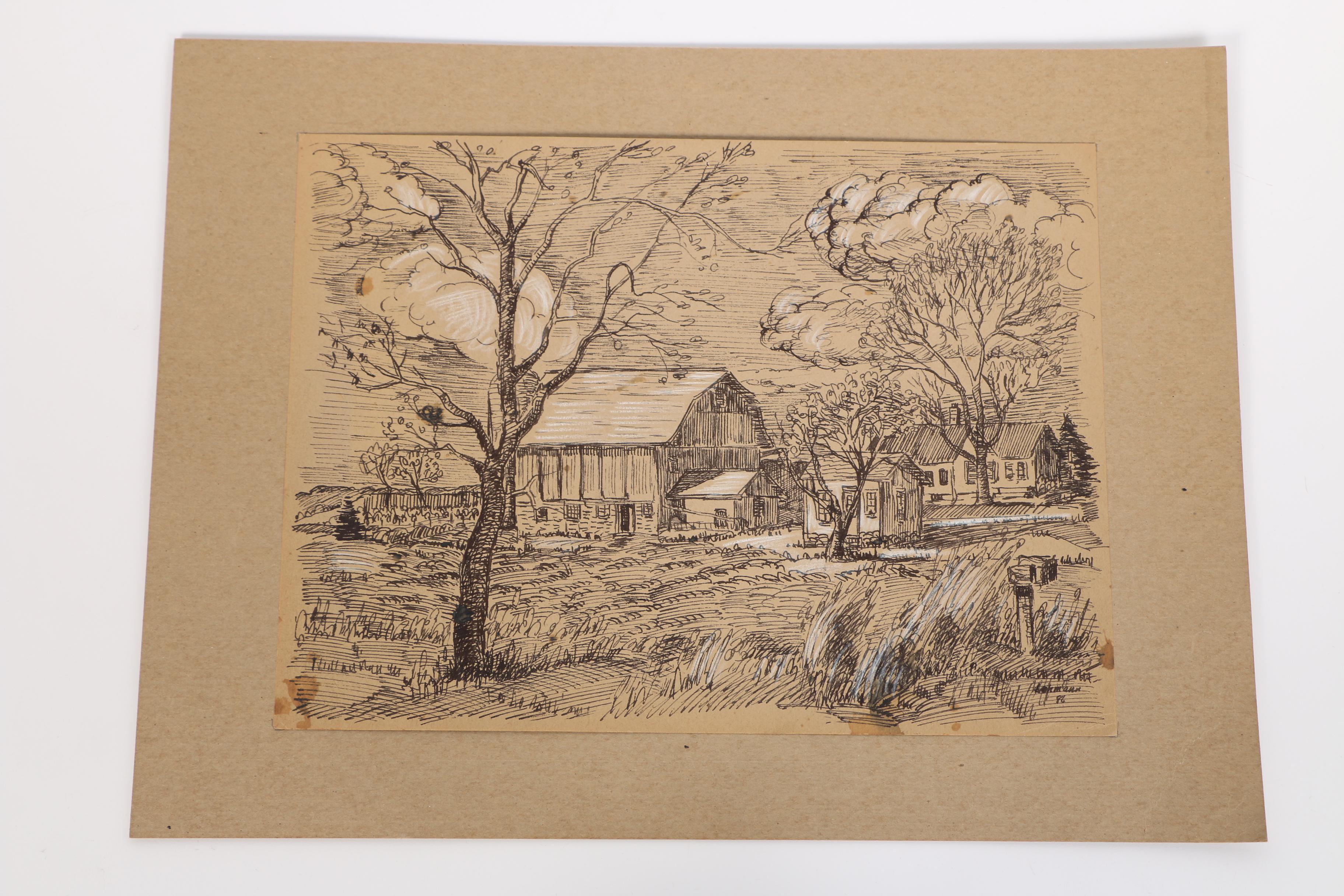 Collection Of Ink Drawings Of Pastoral Scenes By Robert Lahmann