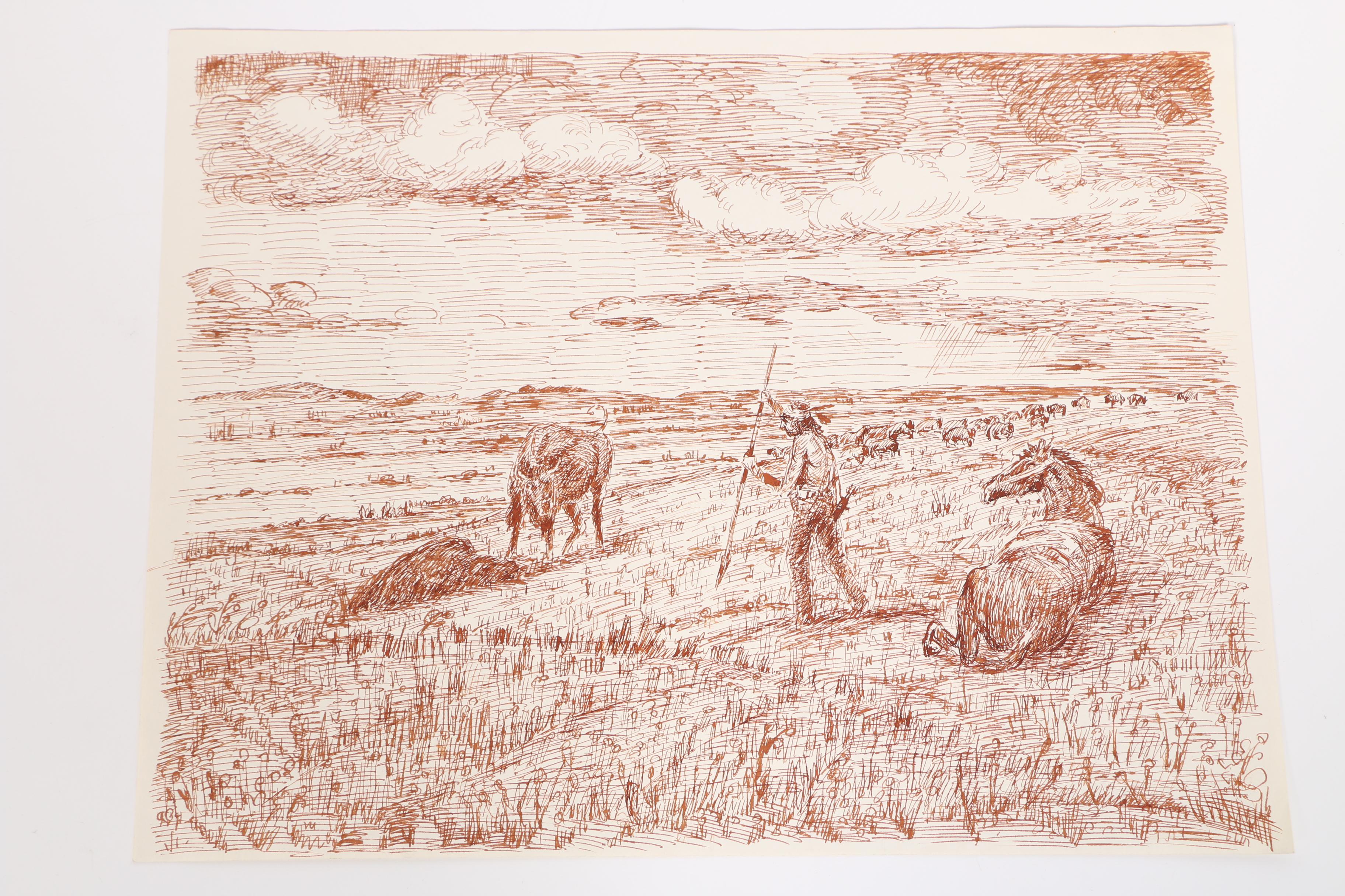 Collection Of Ink Drawings Of Pastoral Scenes By Robert Lahmann