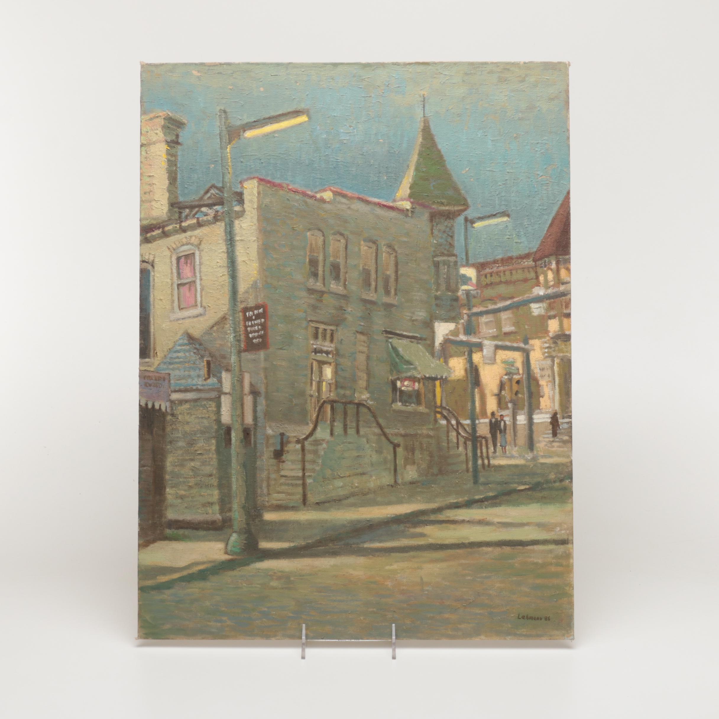 Pair of Lahmann  Oil Paintings on Board of Urban Scenes